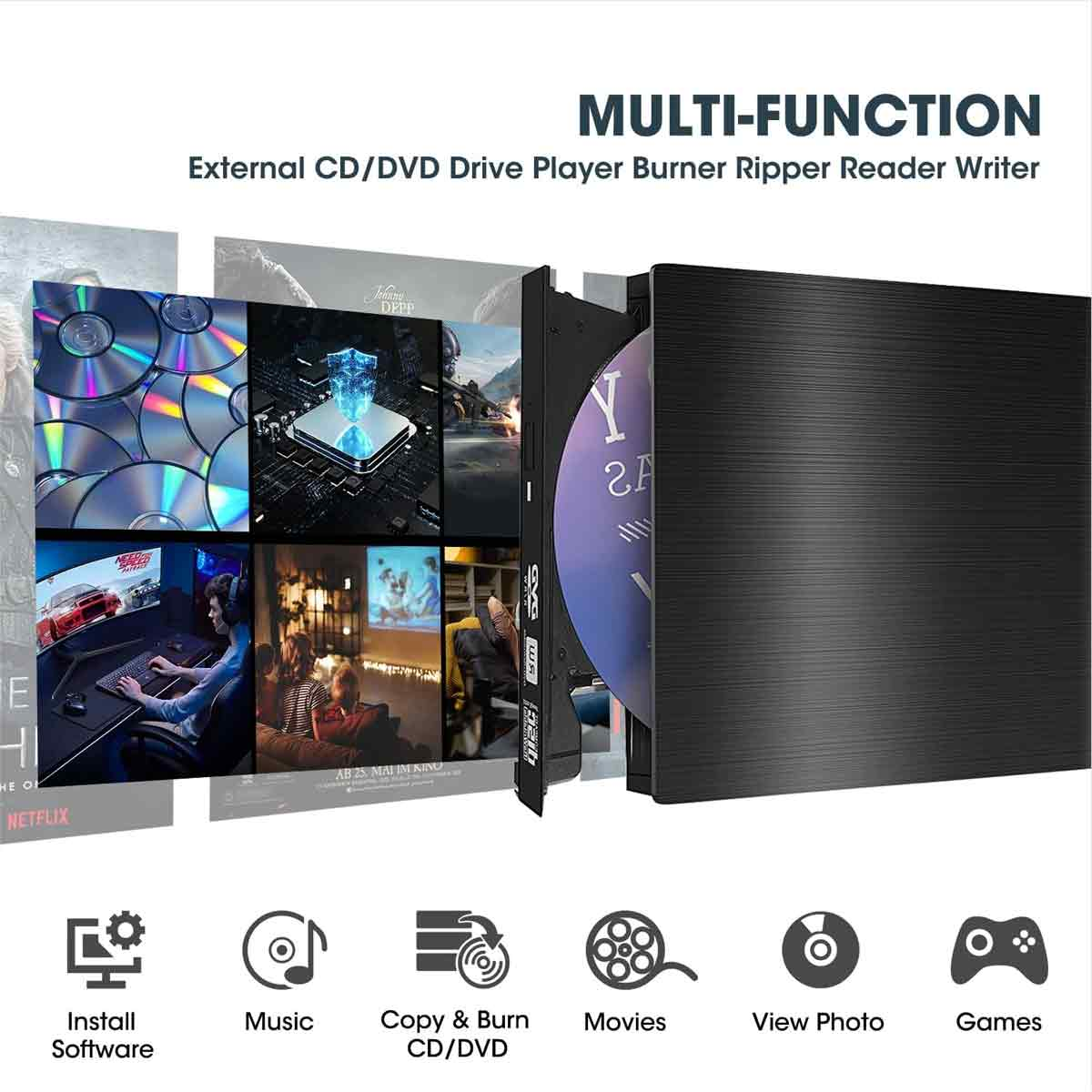 Multifunktionales externes CD/DVD-Laufwerk mit Funktionen für Software, Musik, Brennen, Filme, Fotos und Spiele.