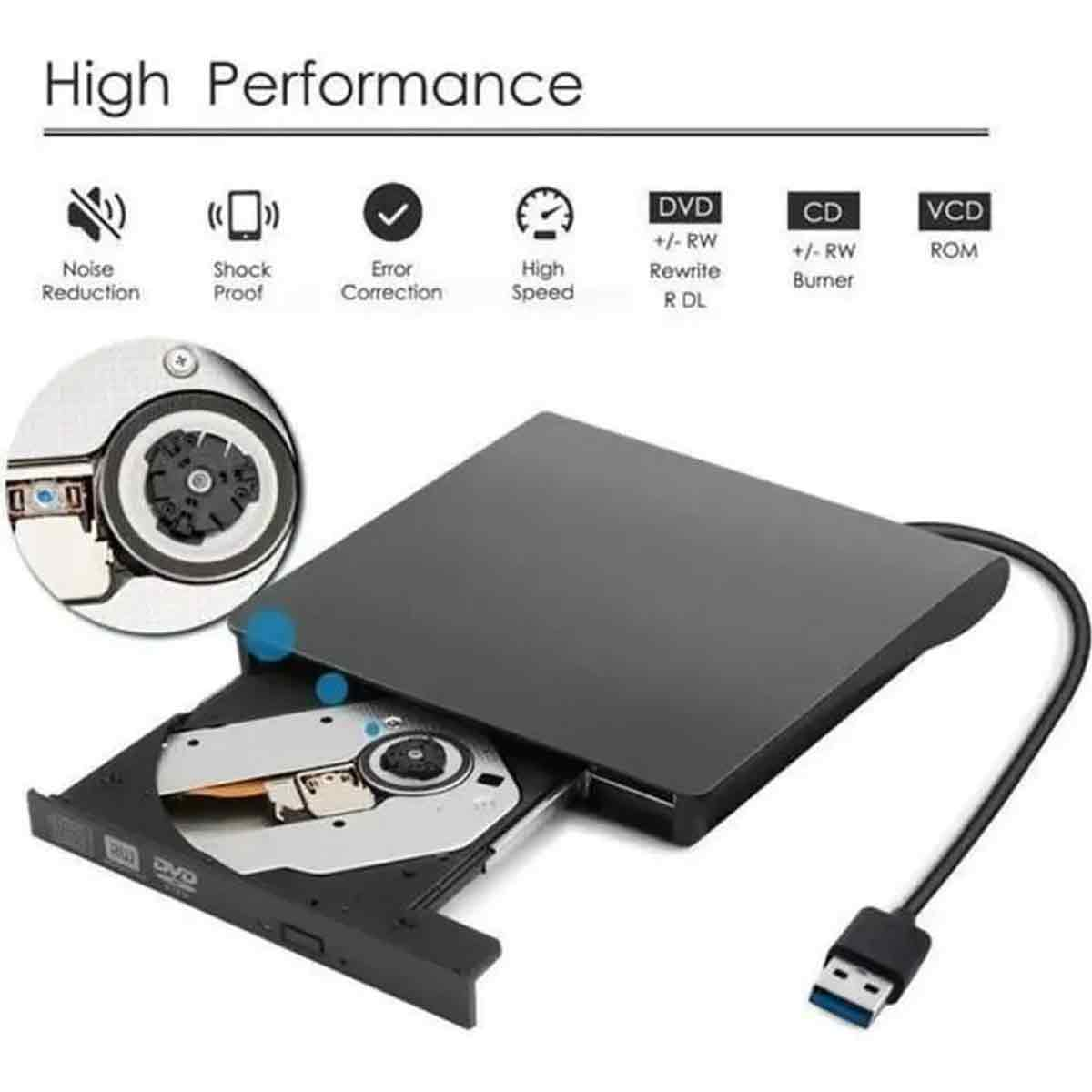 Ein schwarzes externes CD/DVD-Laufwerk mit geöffneter Schublade und angeschlossenem USB-Kabel.