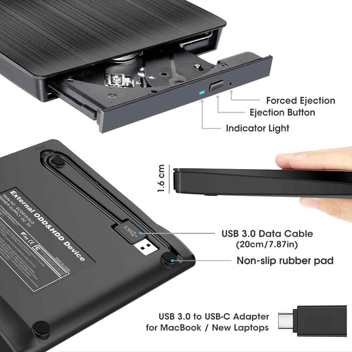 Diagramm eines externen Laufwerks mit USB-Kabel, Eject-Button, Maßen und Adapter.
