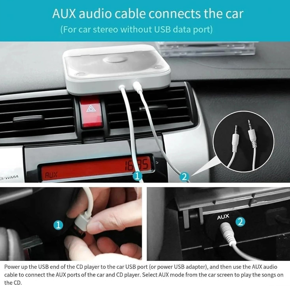 Ein weißer CD-Player ist mit einem AUX-Kabel am Armaturenbrett eines Autos angeschlossen, mit Installationsschritten.