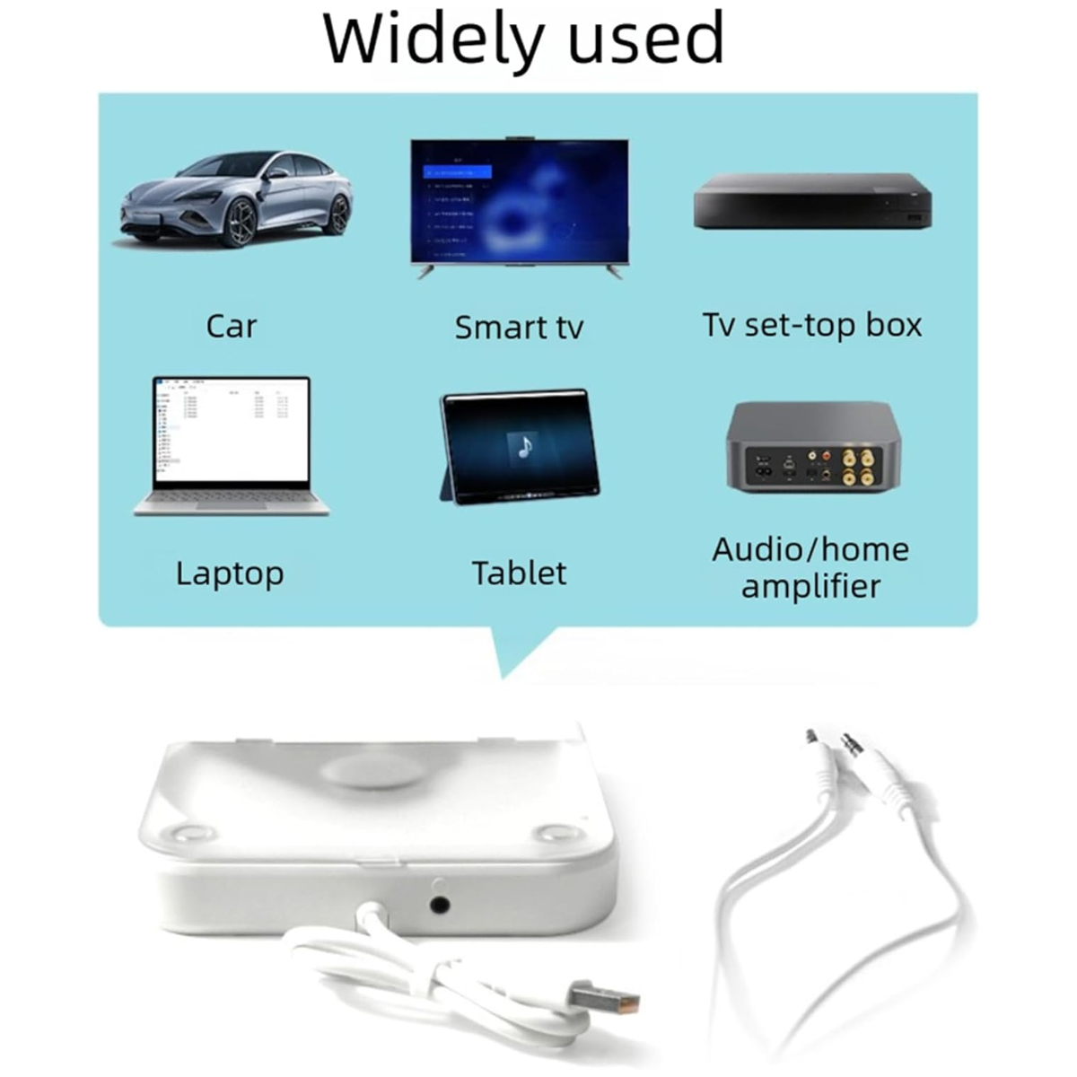 Diagramm zeigt die Kompatibilität eines weißen Audiogeräts mit Autos, Fernsehern, Laptops und anderen Geräten.