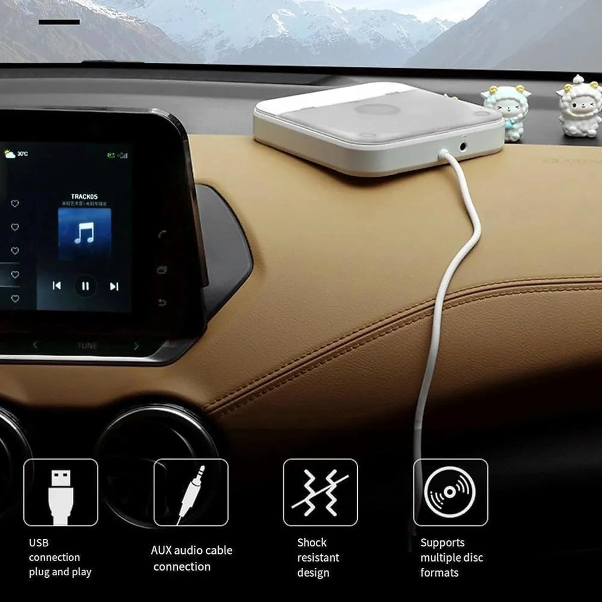 Ein weißer Auto-CD-Player ist auf dem Armaturenbrett montiert, verbunden mit einem weißen Kabel, darunter Funktionssymbole.