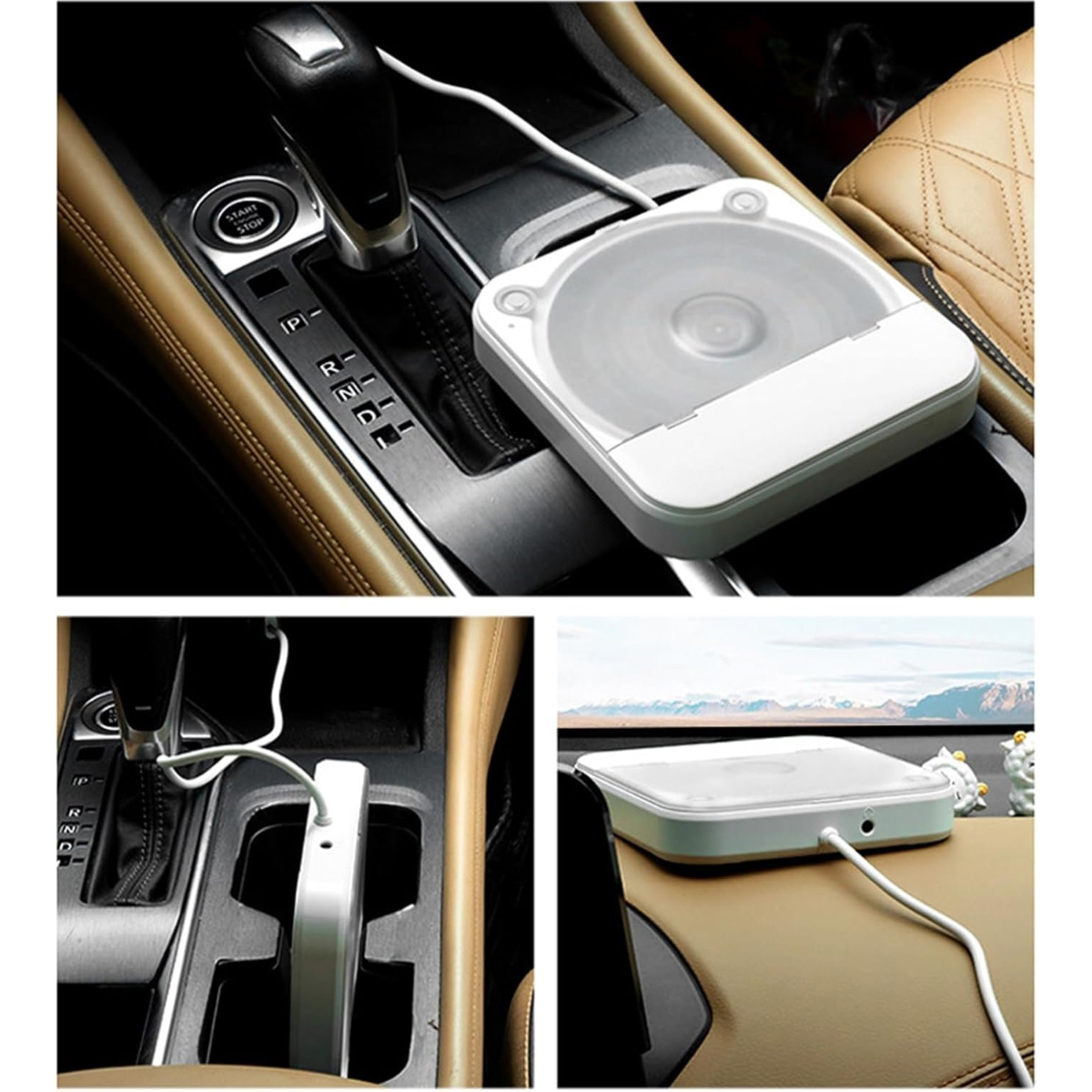 Ein weißer Mini-CD-Player ist in der Mittelkonsole eines Autos platziert und per Kabel angeschlossen.