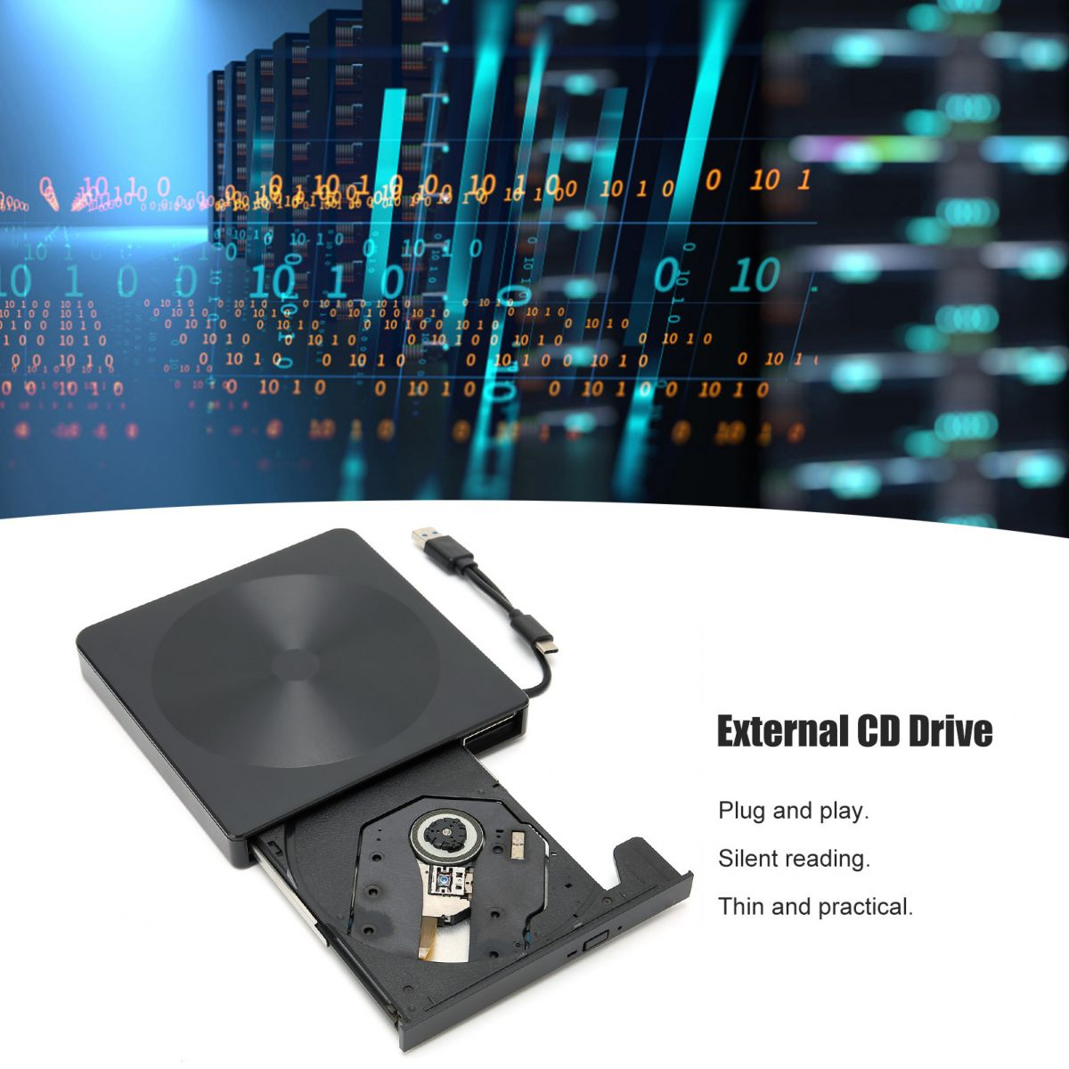 Ein schwarzes externes CD-Laufwerk mit geöffnetem Fach vor einem blauen Digitalhintergrund.