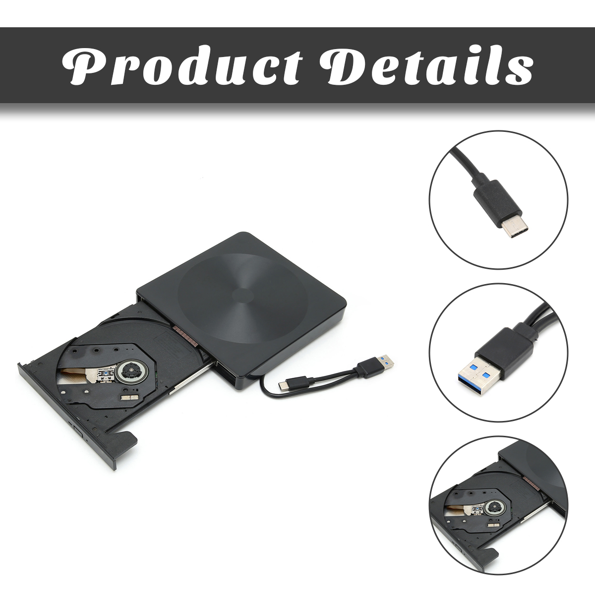 Schwarzes externes CD-Laufwerk mit geöffneter Schublade und USB-C- und USB-A-Kabeln.