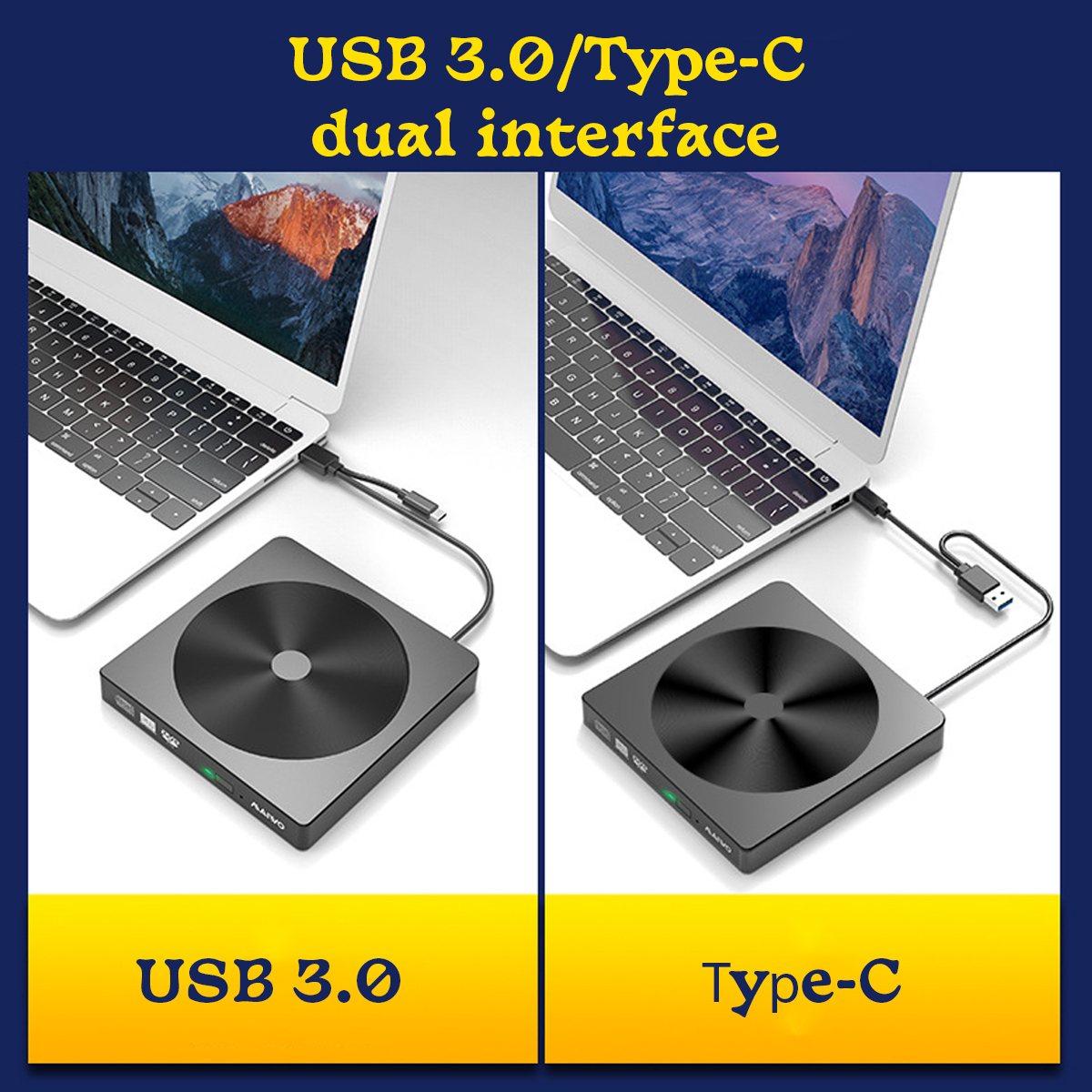 Zwei Laptops mit externem Laufwerk: links mit USB 3.0 und rechts mit Type-C Schnittstelle.