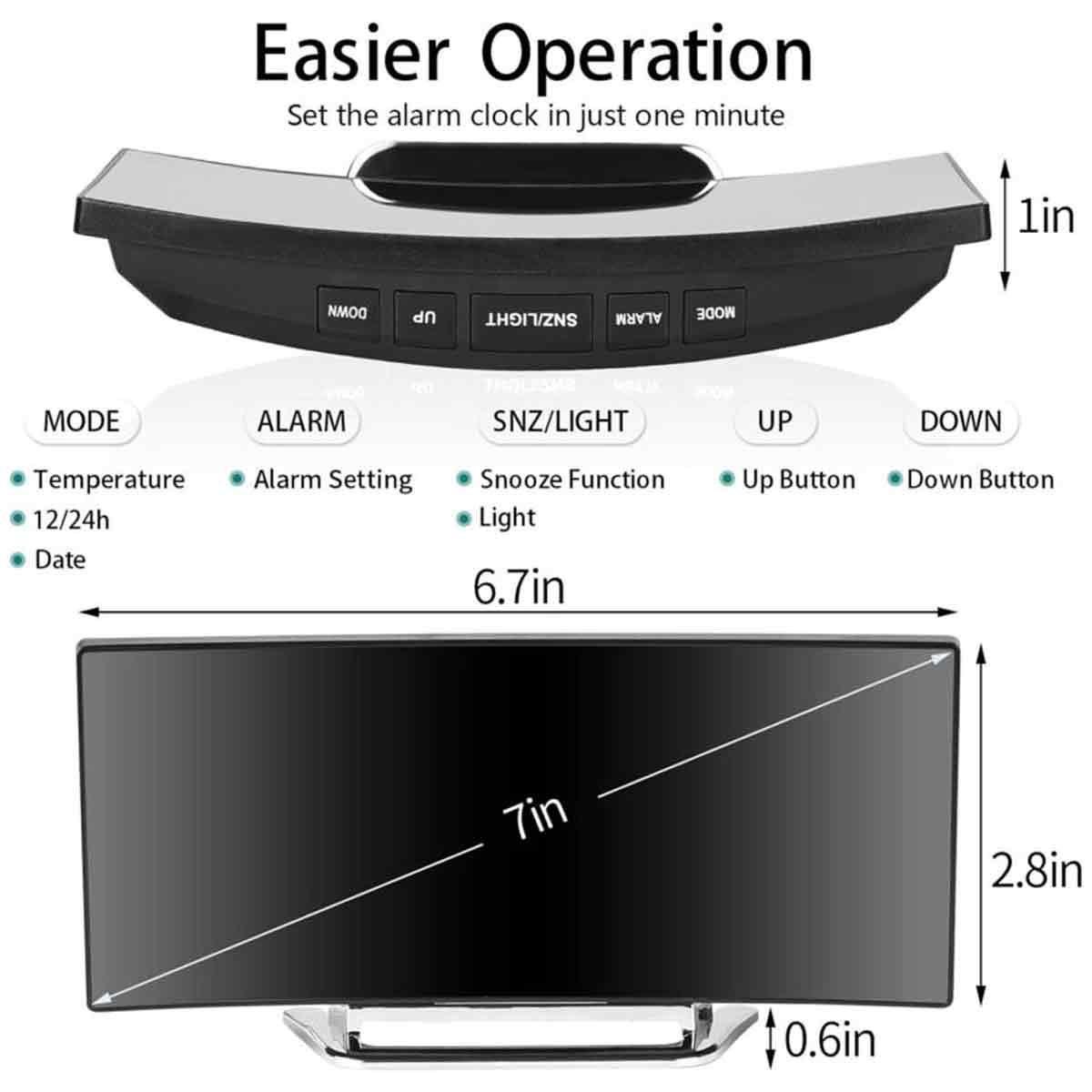 Diagramm zeigt die Abmessungen und Tastenbelegung einer gebogenen Digitaluhr.