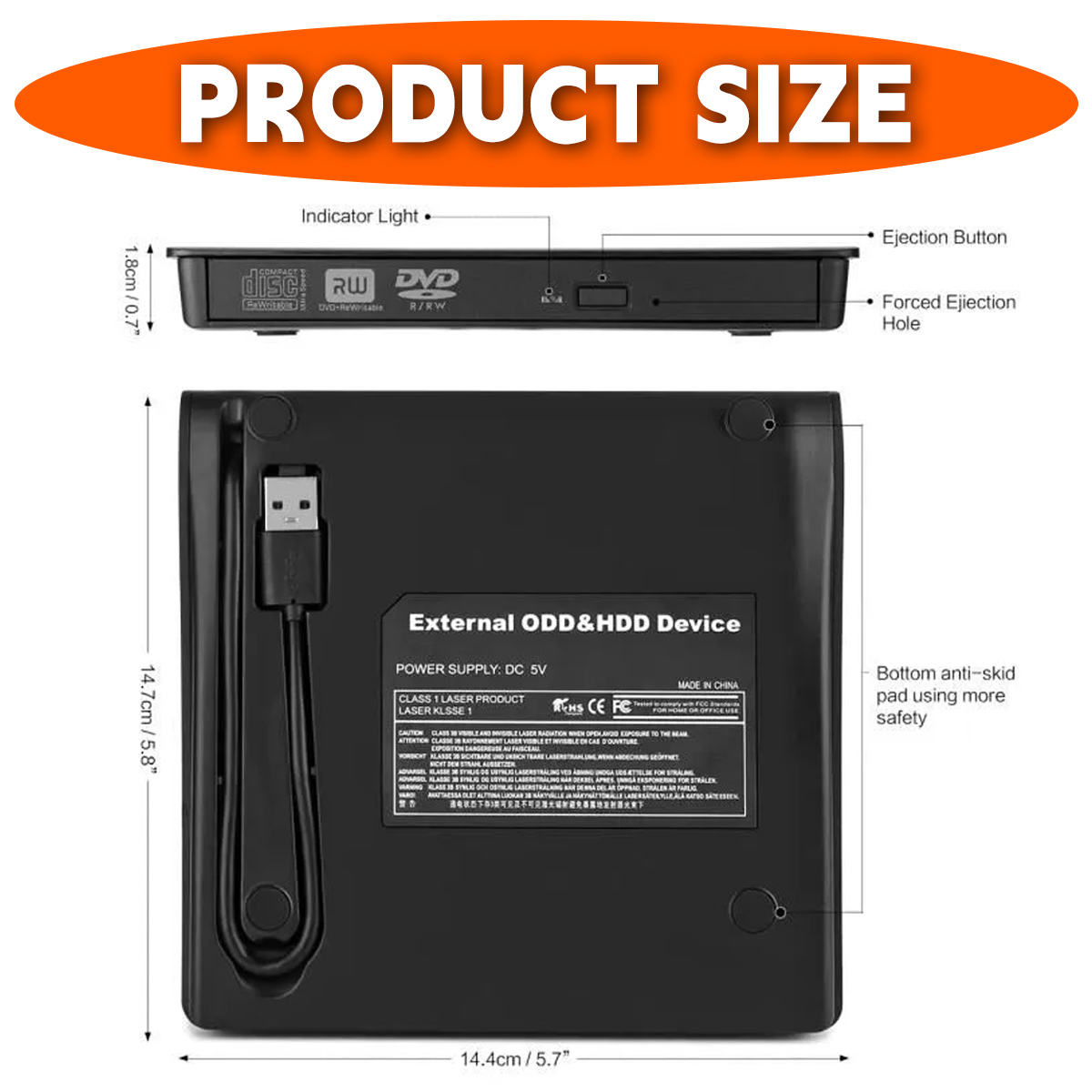 Diagramm zeigt die Abmessungen eines externen Laufwerks: 14.4x14.7x1.8cm, mit USB-Kabel und Anschlüssen.