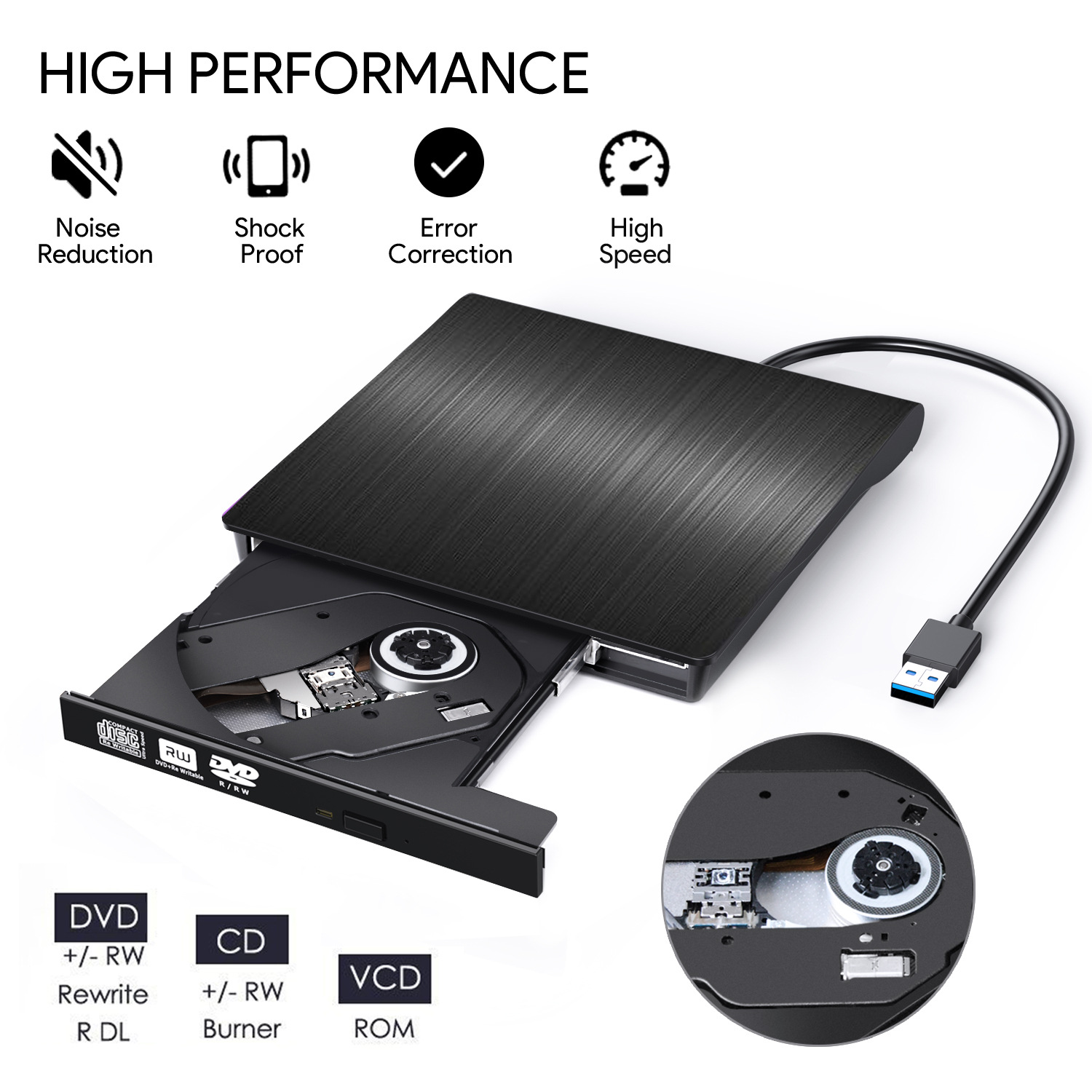Externes schwarzes DVD-Laufwerk mit offenem Fach und USB-Kabel, begleitet von Leistungssymbolen.