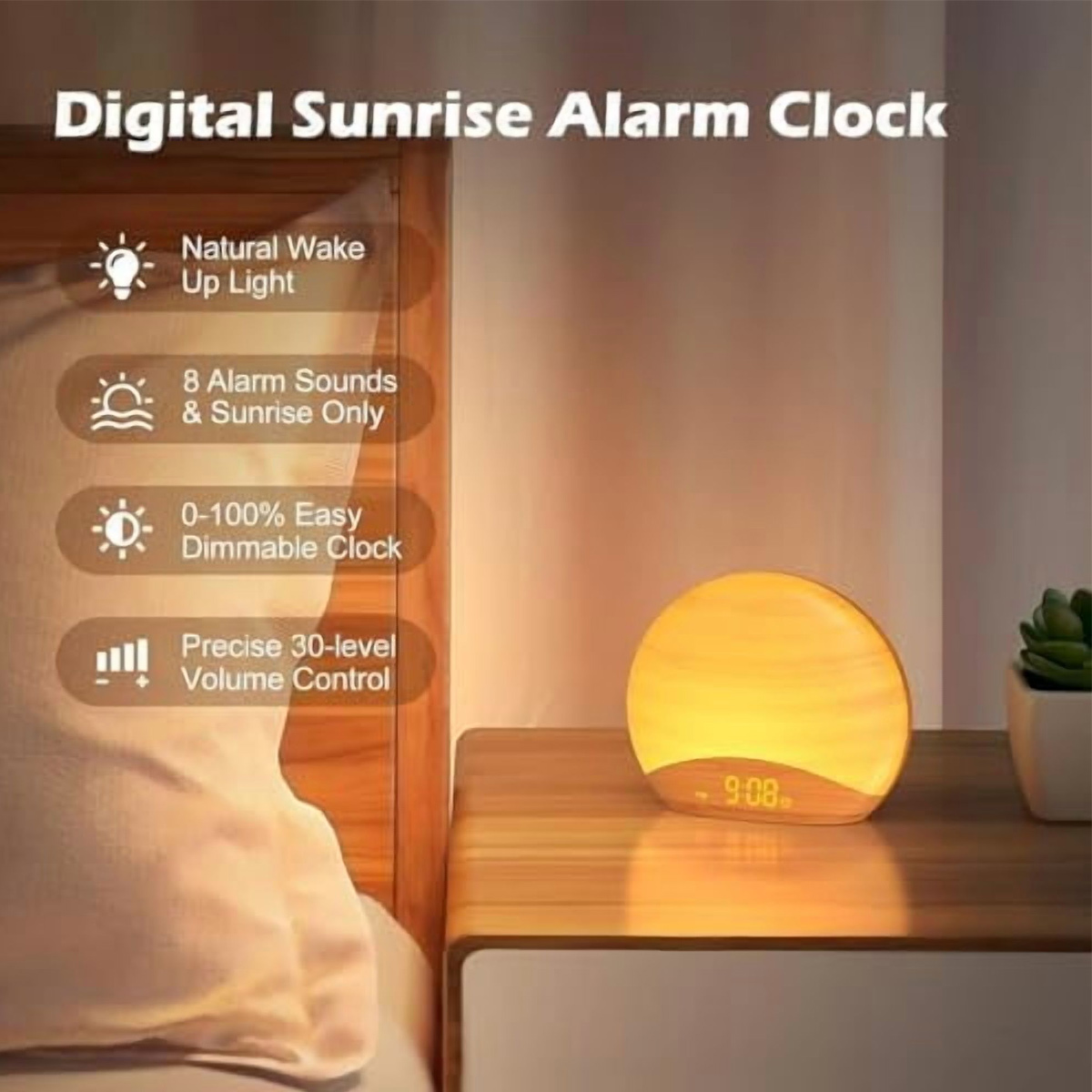Ein leuchtender, runder digitaler Sonnenaufgangs-Wecker steht auf einem Nachttisch neben einer Pflanze.