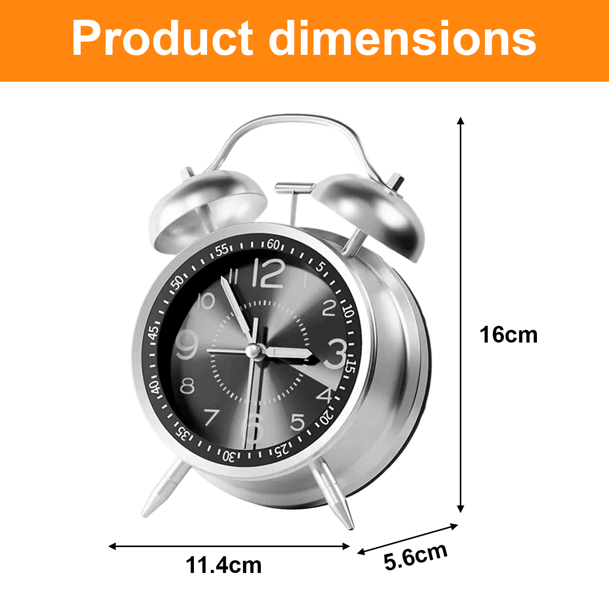 Produktabmessungen eines silbernen Doppelglocken-Weckers mit 16cm Höhe, 11,4cm Breite und 5,6cm Tiefe.