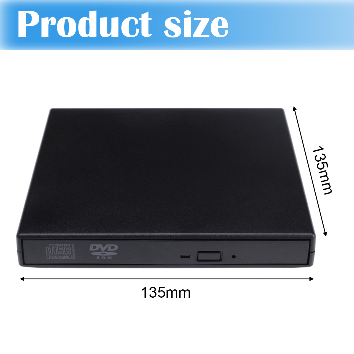 Ein schwarzes externes DVD-Laufwerk mit 135 mm Breite und 135 mm Tiefe auf weißem Hintergrund.