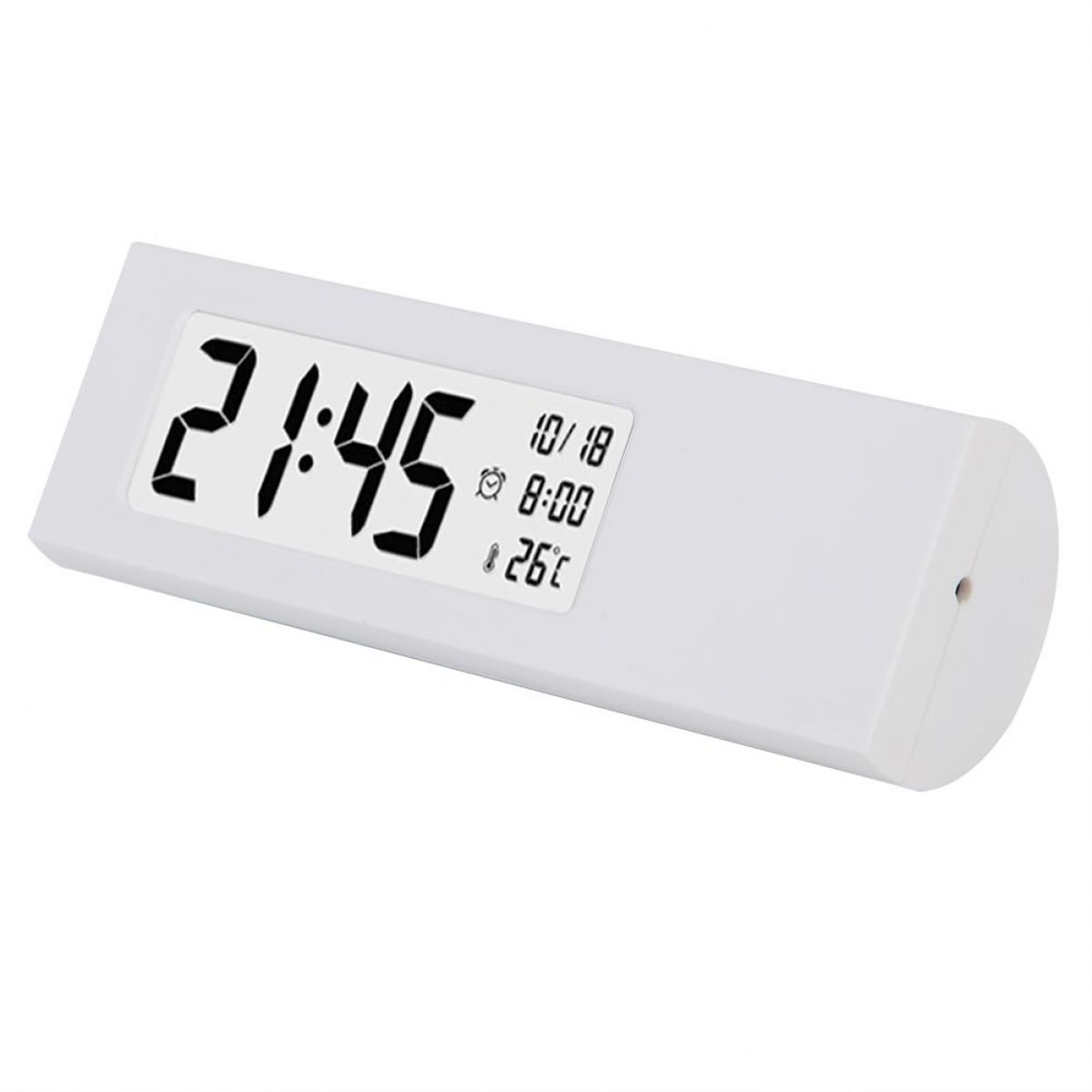 Eine weiße digitale Tischuhr zeigt die Zeit 21:45, Datum, Alarm und 26 Grad Celsius auf weißem Hintergrund.