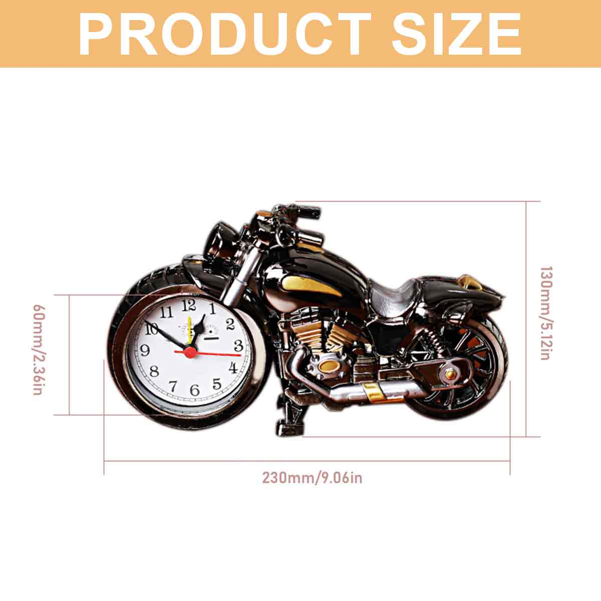 Schwarze Motorrad-Tischuhr mit Maßangaben: 230mm lang, 130mm hoch, Uhr-Durchmesser 60mm.