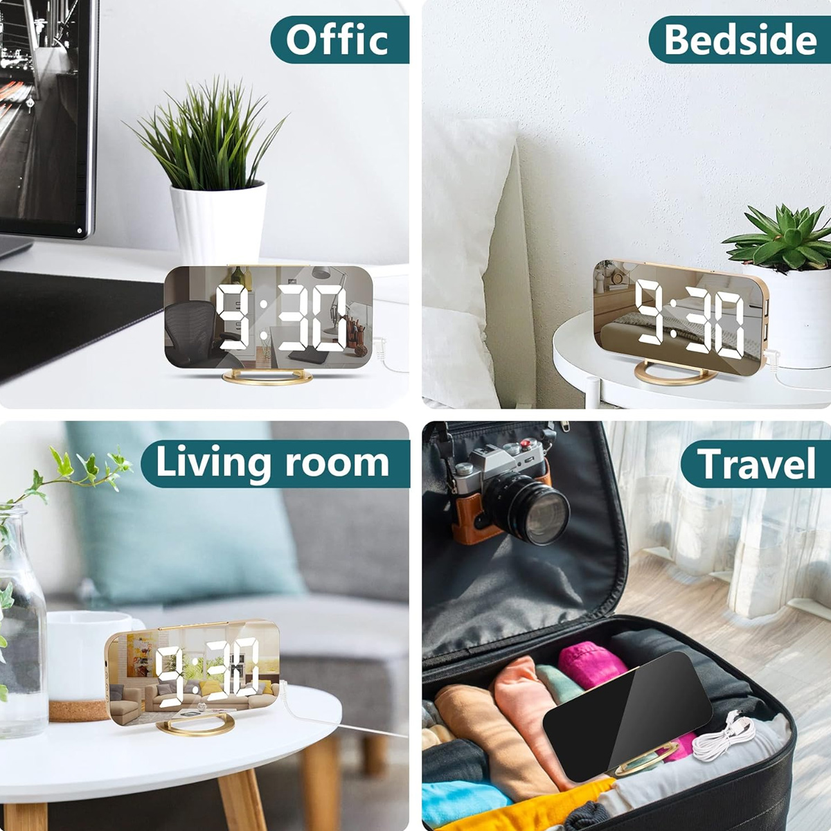 Digitale LED-Spiegeluhr auf verschiedenen Tischen und in einem Reisekoffer gezeigt.