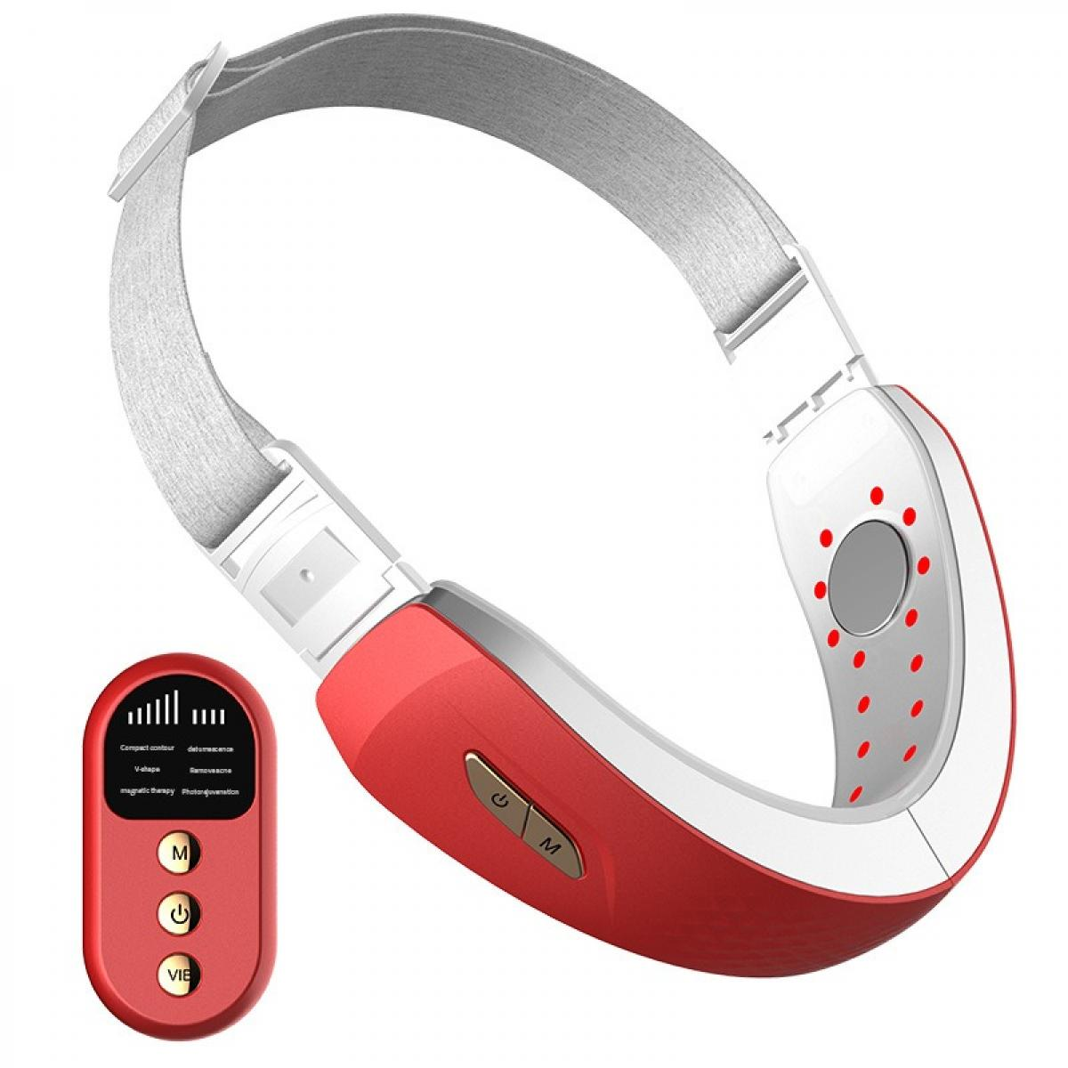 Ein rotes und weißes V-förmiges Gesichtsverkleinerungsgerät mit elastischem Band und kleiner roter Fernbedienung.