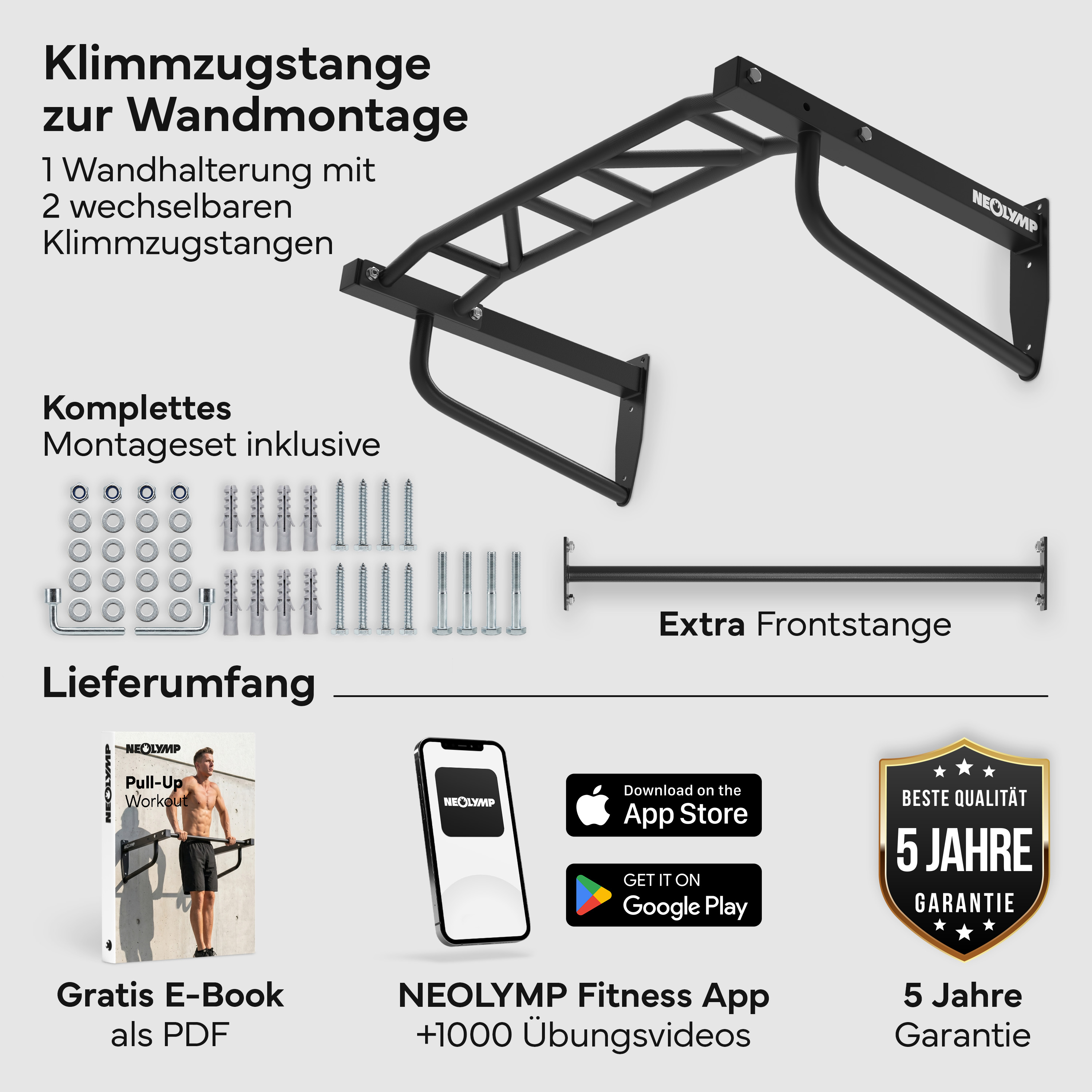 Wand-Klimmzugstange mit Montagezubehör, E-Book, Fitness-App und 5 Jahren Garantie.
