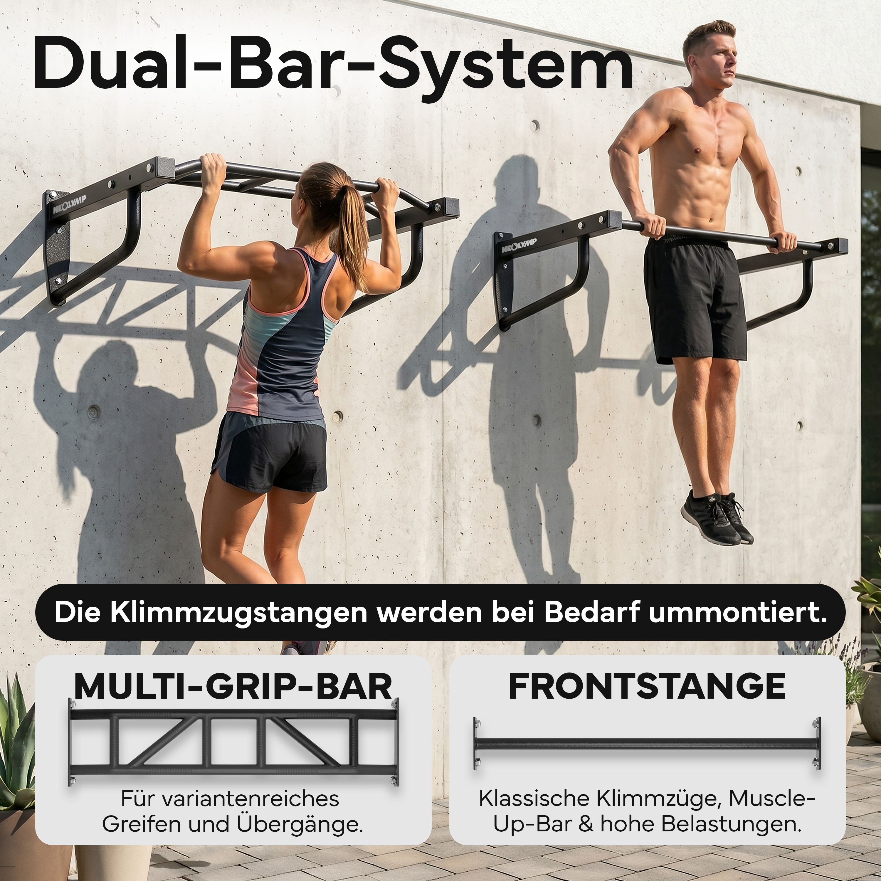 Zwei Personen trainieren an einer Doppel-Klimmzugstange an einer Betonwand.