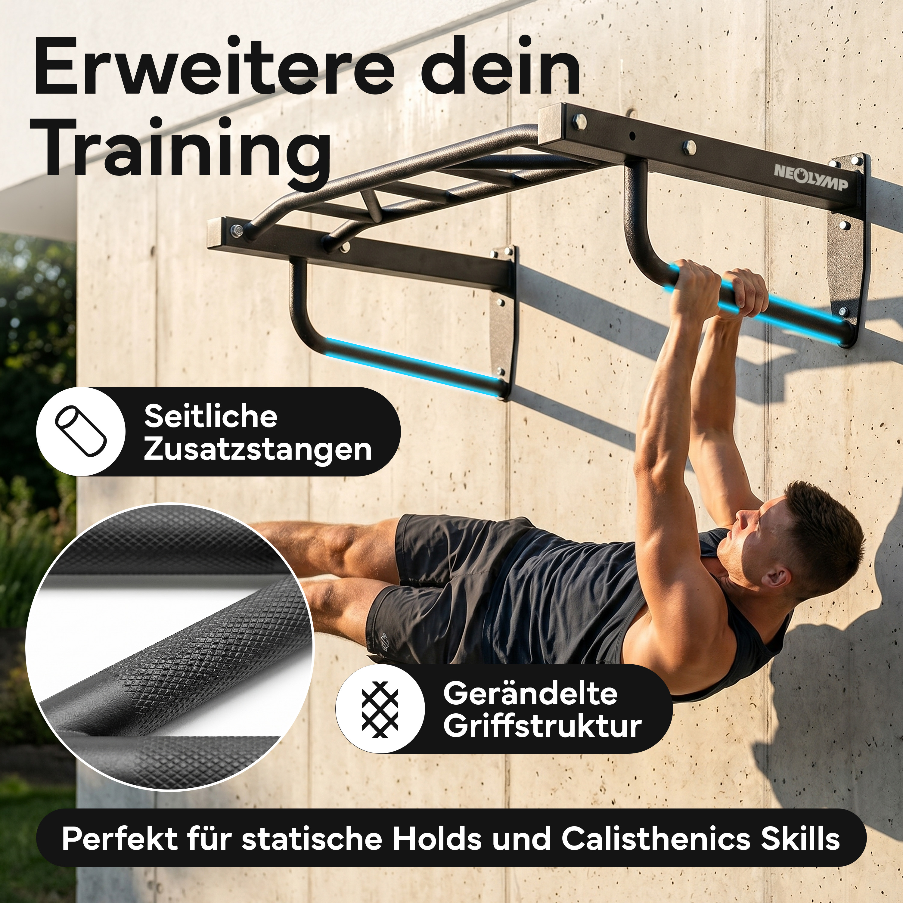 Ein Mann macht Klimmzüge an einer schwarzen Wandstange mit gerändelter Griffstruktur.