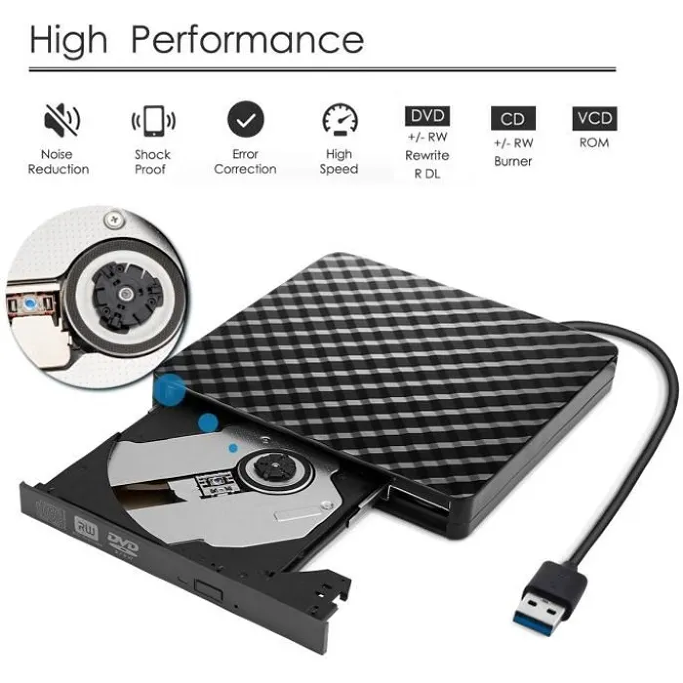 Externes CD/DVD-Laufwerk mit USB-Kabel und Funktionen wie Rauschunterdrückung.