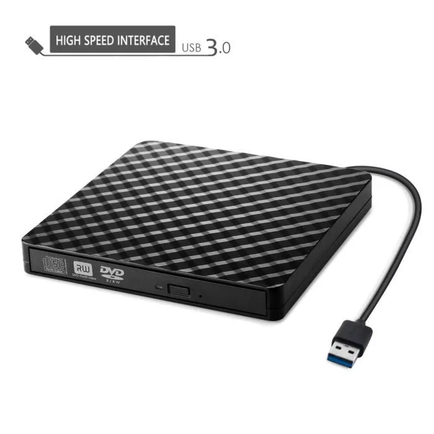 Ein tragbares schwarzes DVD-Laufwerk mit Karomuster und USB 3.0-Kabel.
