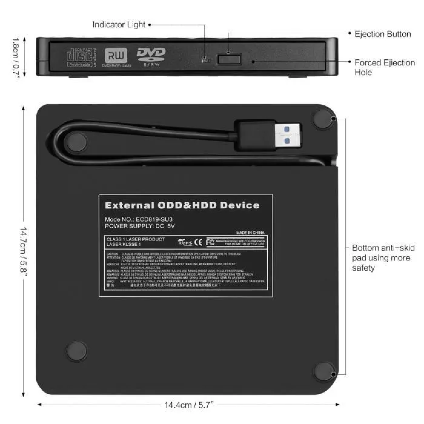 Technische Zeichnung eines externen DVD-Laufwerks mit Maßen, Indikator, Auswurftaste und integriertem USB-Kabel.