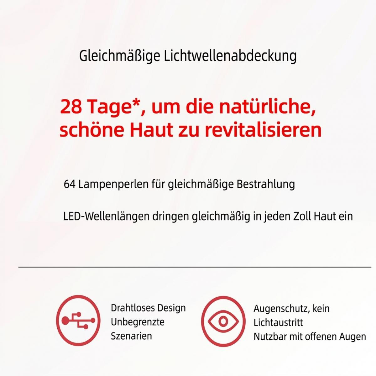 Produktwerbung mit Text auf Deutsch über LED-Hautpflege, drahtloses Design und Augenschutz.