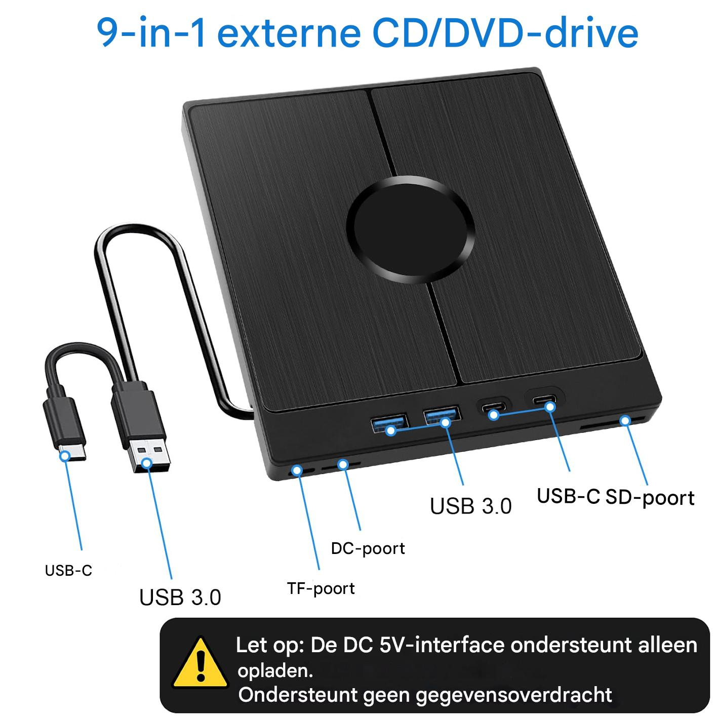 Ein schwarzes 9-in-1 externes CD/DVD-Laufwerk mit USB-Kabeln und verschiedenen Anschlüssen.