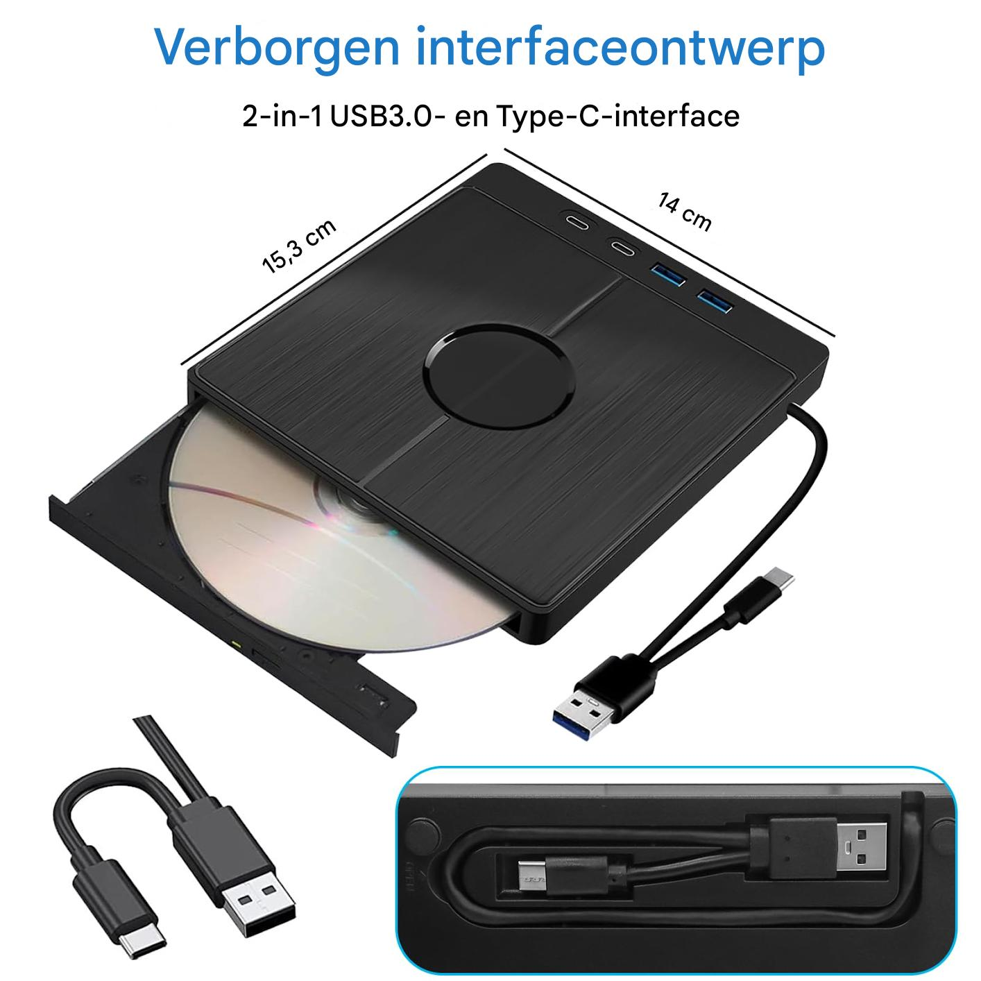 Ein schwarzes externes CD-DVD-Laufwerk mit Maßen, geöffnetem Fach mit Disc und USB-3.0- und Typ-C-Kabeln.