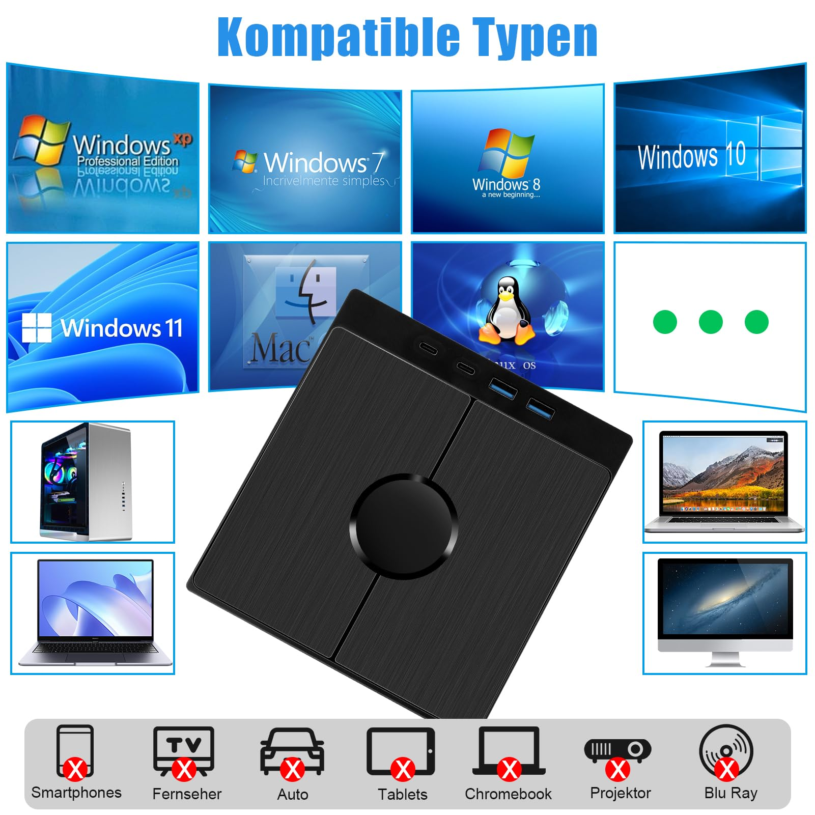 Ein schwarzes Hub-Gerät umgeben von Icons verschiedener Betriebssysteme und Gerätekompatibilitäten.
