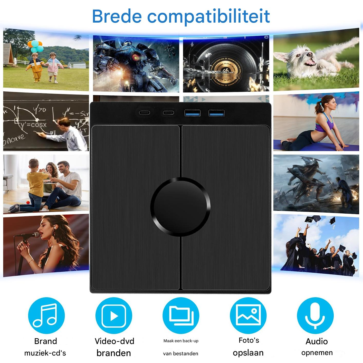 Ein schwarzes Hub-Gerät mit USB-Anschlüssen, umgeben von Bildern, die verschiedene Medien und Aktivitäten zeigen.