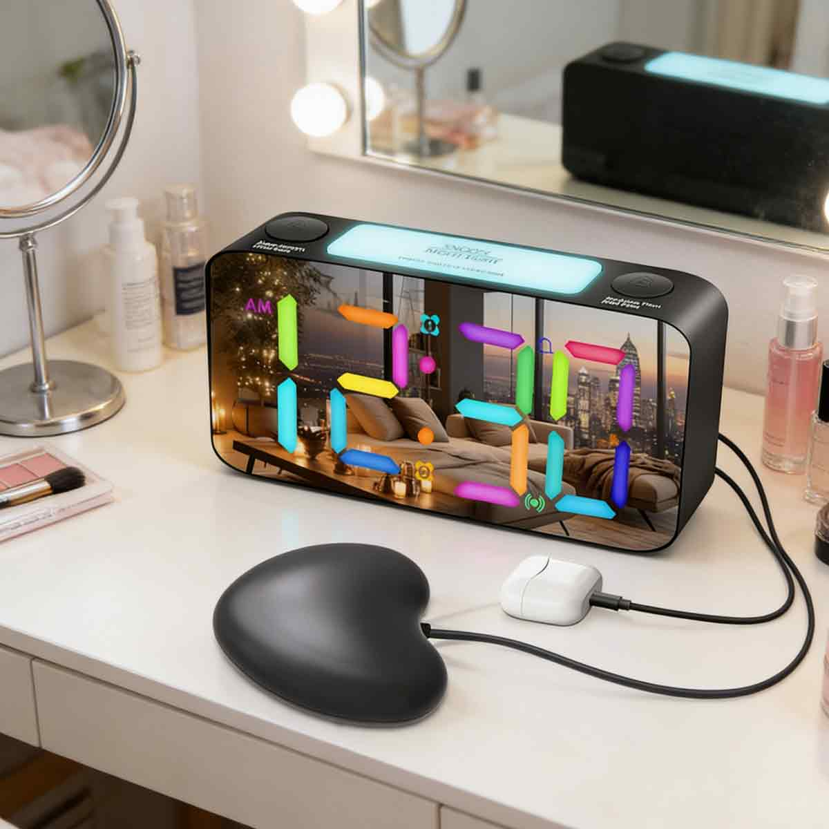 Ein digitaler Wecker mit bunter LED-Anzeige steht auf einem geschminkten Tisch mit Ladekabeln.