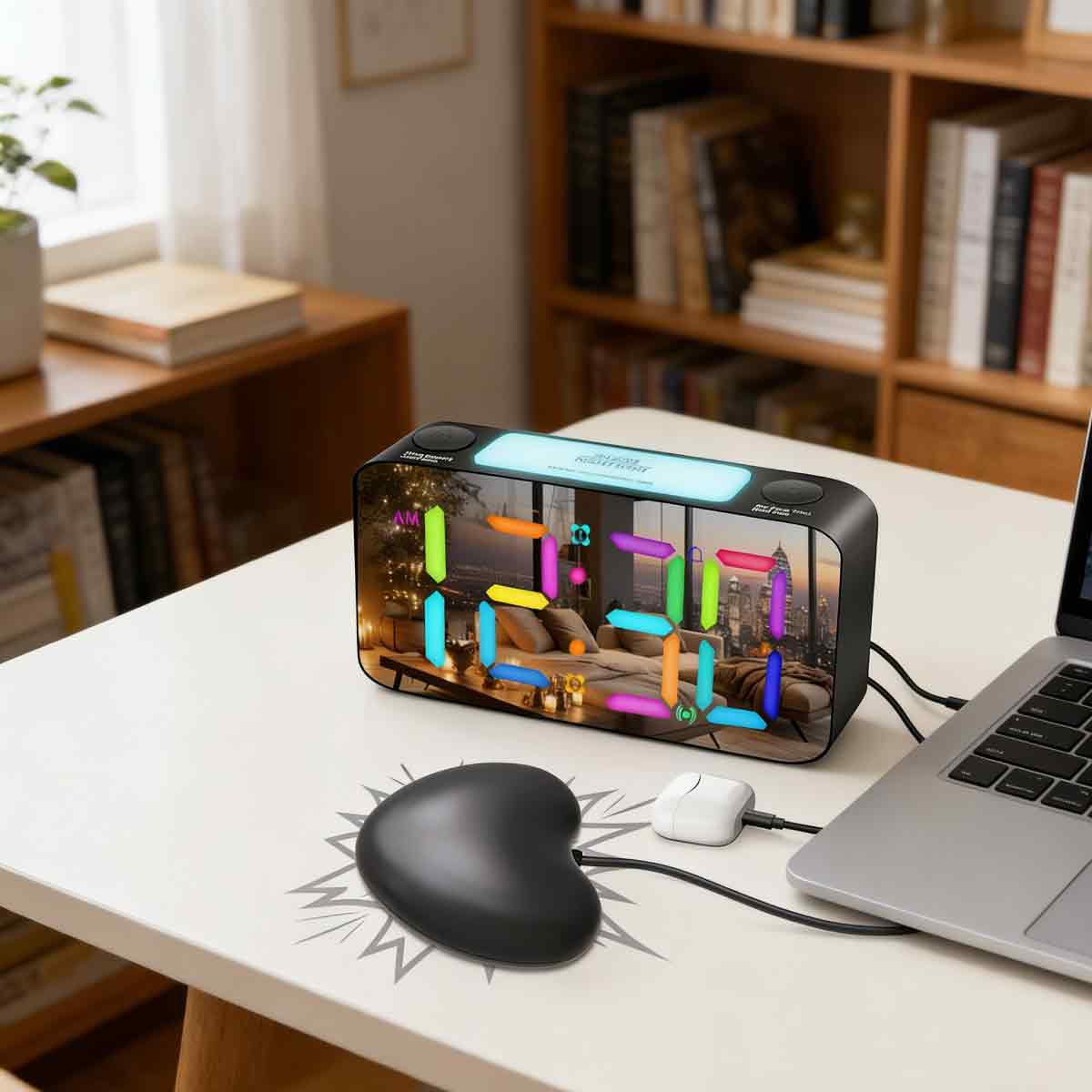 Ein digitaler Uhrenwecker mit bunten LED-Zahlen steht auf einem Schreibtisch neben einem Laptop.