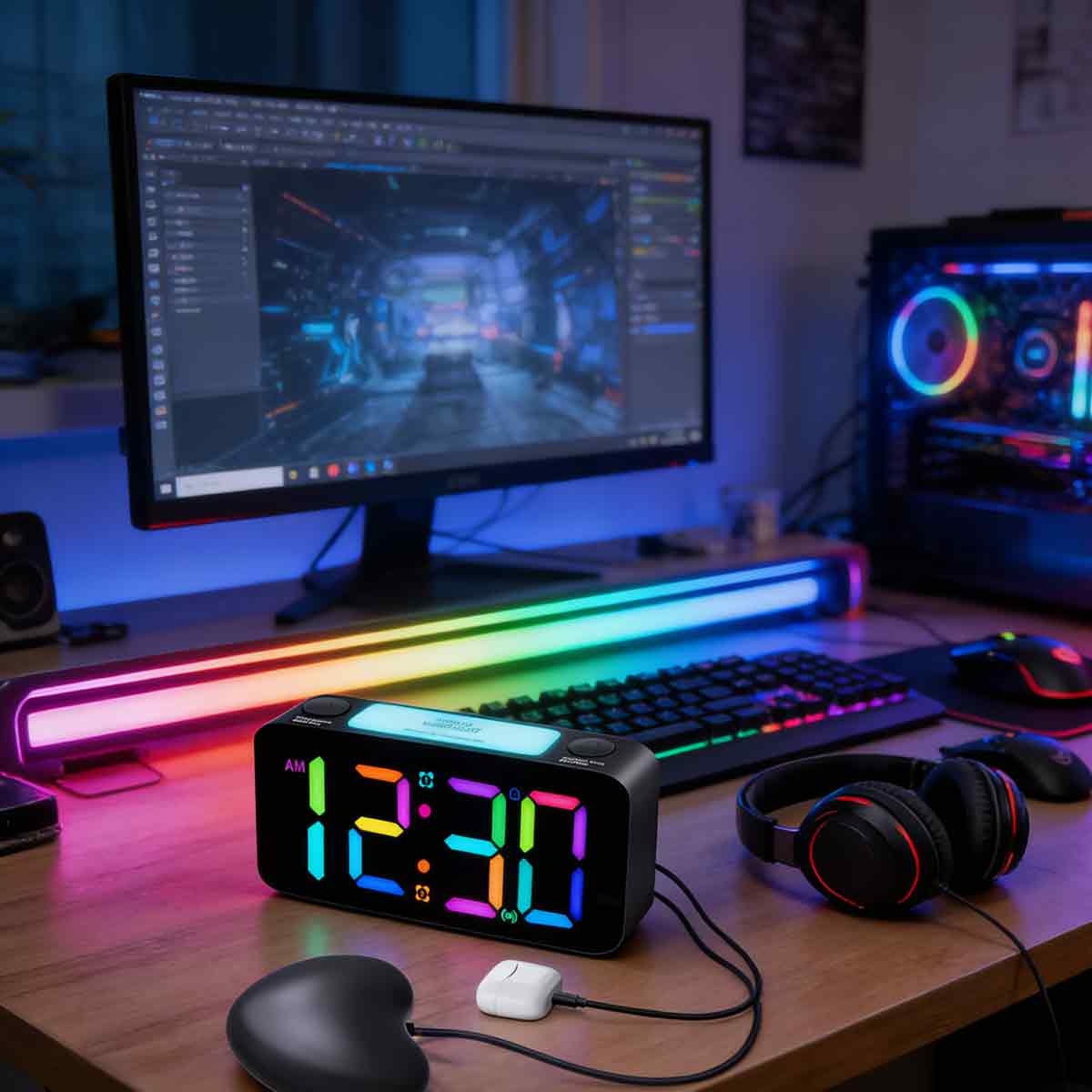 Ein Schreibtisch mit Monitor, RGB-Lichtleiste, Digitaluhr 12:30, Tastatur, Maus und Kopfhörern.