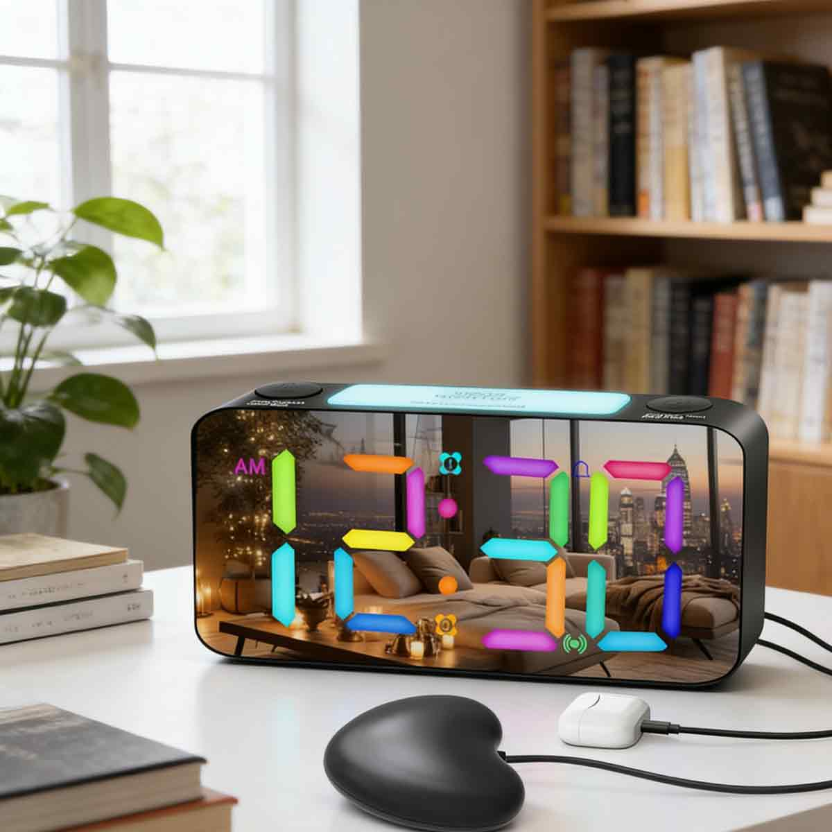 Digitaler Wecker mit buntem LED-Display und Spiegeloberfläche auf einem Tisch.