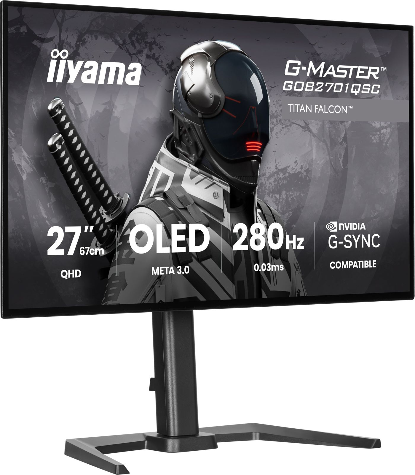 Iiyama G-Master Monitor mit futuristischem Charakter, OLED-Display und G-Sync-Logo auf dem grauen Bildschirm.