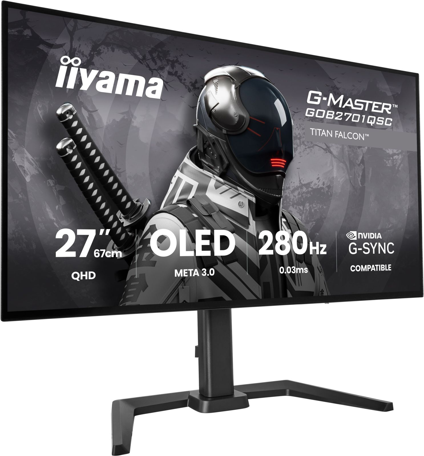 Iiyama G-Master 27 Zoll OLED Gaming-Monitor mit futuristischem Charakter und schwarzem Standfuß auf weißem Hintergrund.