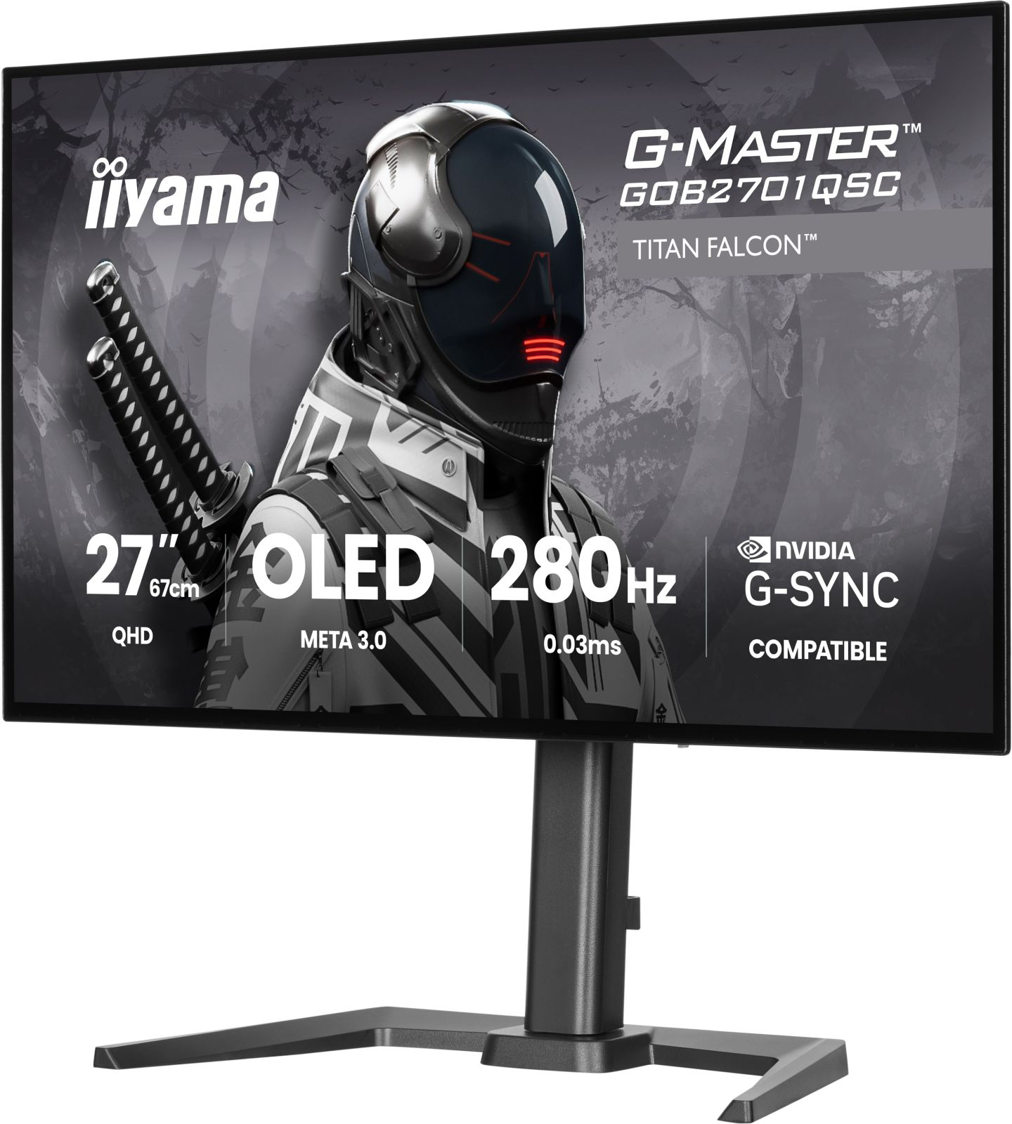 Ein iiyama G-Master Gaming-Monitor zeigt einen futuristischen Krieger und technische Daten wie 27 Zoll OLED 280Hz.