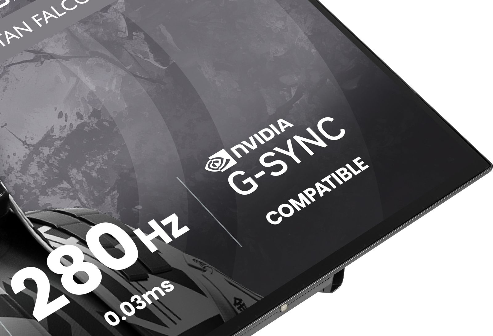 Ein schwarzer Monitor zeigt Nvidia G-Sync Kompatibilität, 280Hz und 0,03ms.