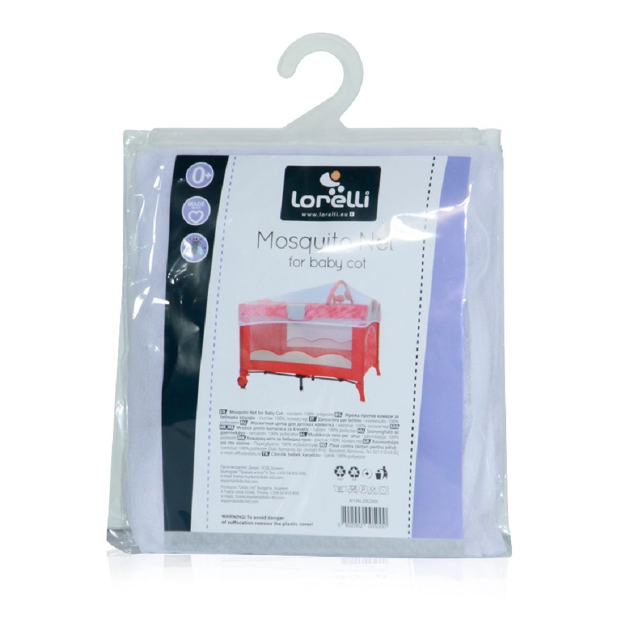 Verpacktes Lorelli Moskitonetz für Babybetten mit weißem Netz und Produktinformationen auf dem Etikett.