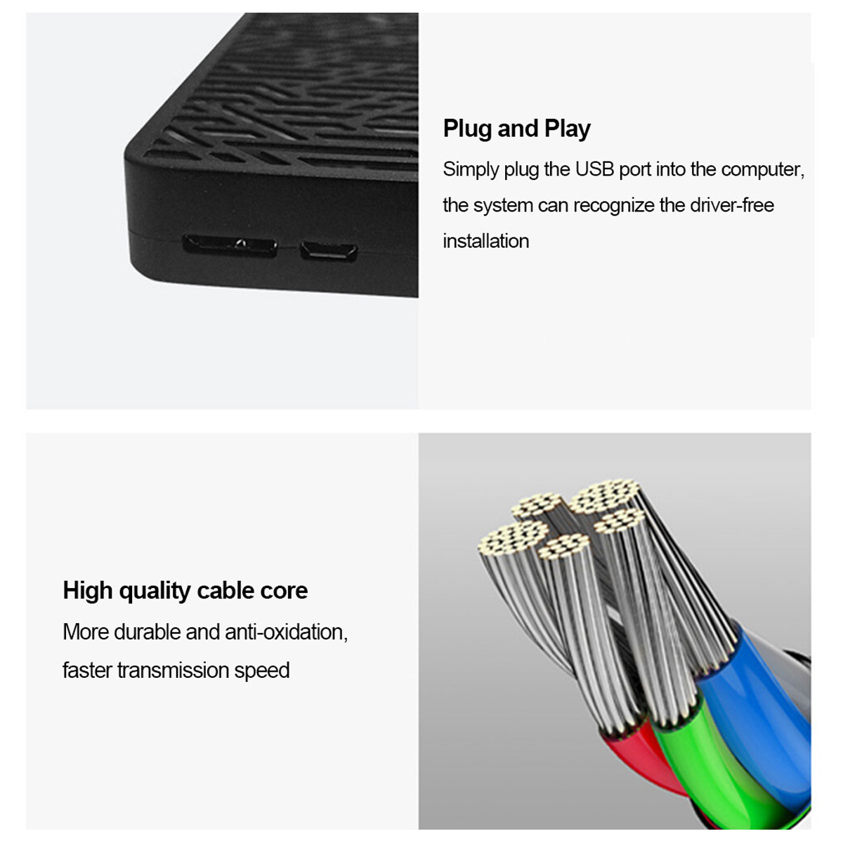 Plug-and-Play-Gerät und hochwertige Kabelkerne für schnelle Datenübertragung.