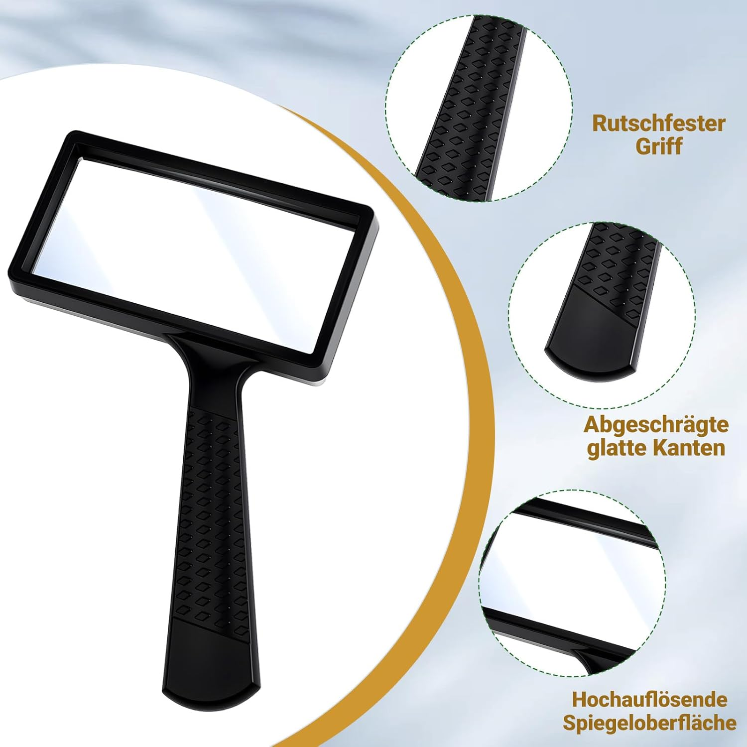 Eine rechteckige schwarze Lupe mit rutschfestem Griff und Details zu den Kanten und der Oberfläche.