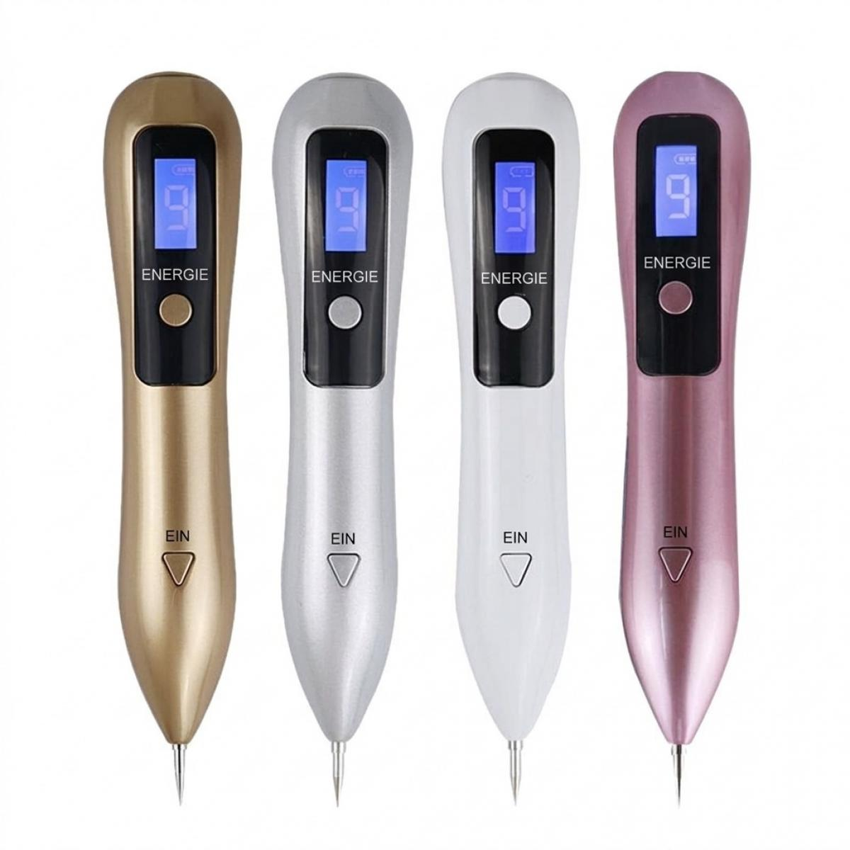 Vier elektronische Stifte mit blauen LCD-Bildschirmen, Tasten und Metallspitzen, in Gold, Silber, Weiß und Rosa.