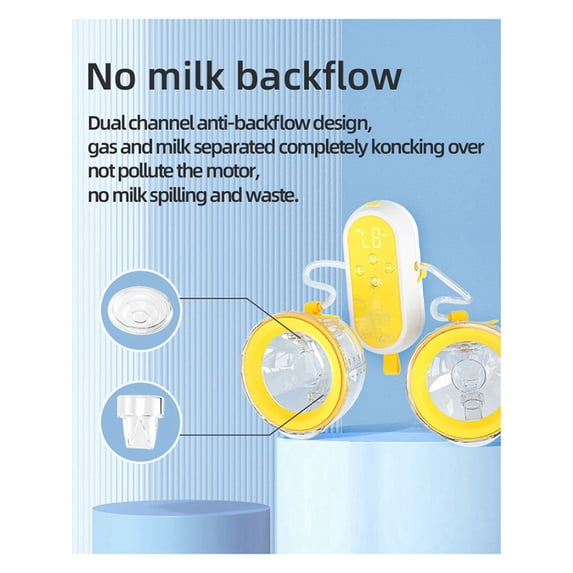 Eine elektrische Milchpumpe mit Rückflussschutz, gelben und klaren Auffangschalen vor blauem Hintergrund.