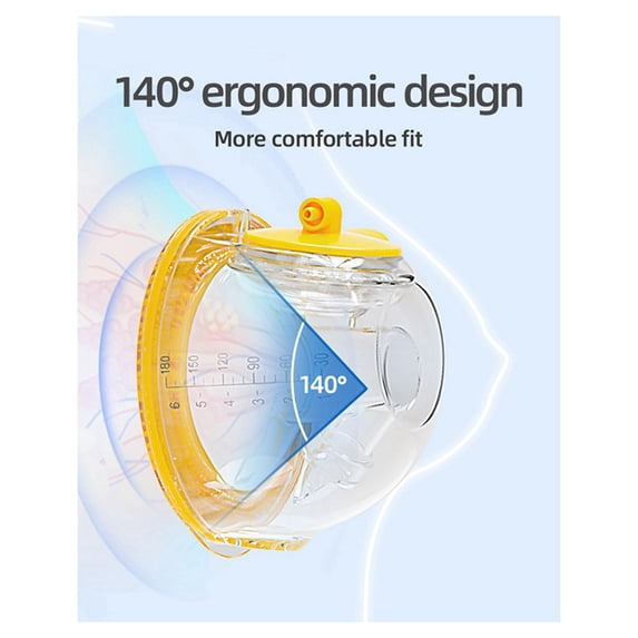 140 Grad ergonomisches Design der Milchpumpe mit Messungen und gelbem Rand.