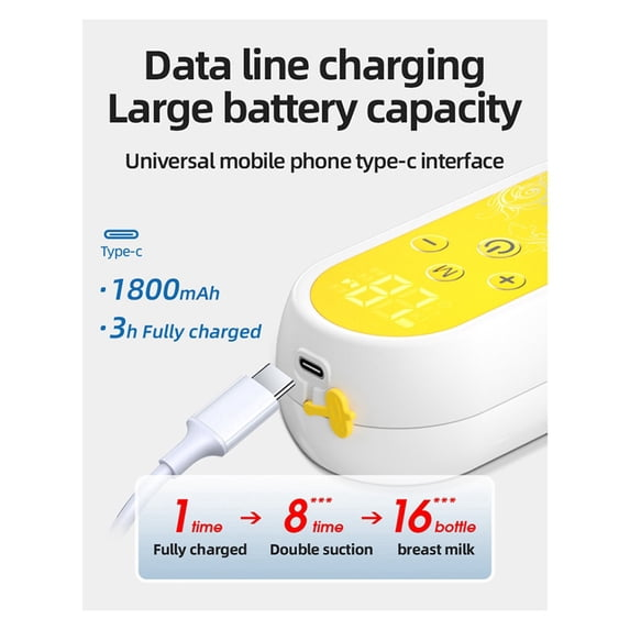 Ein weißes und gelbes Gerät wird mit einem USB-C-Kabel aufgeladen. Text informiert über Akku und Ladezeit.