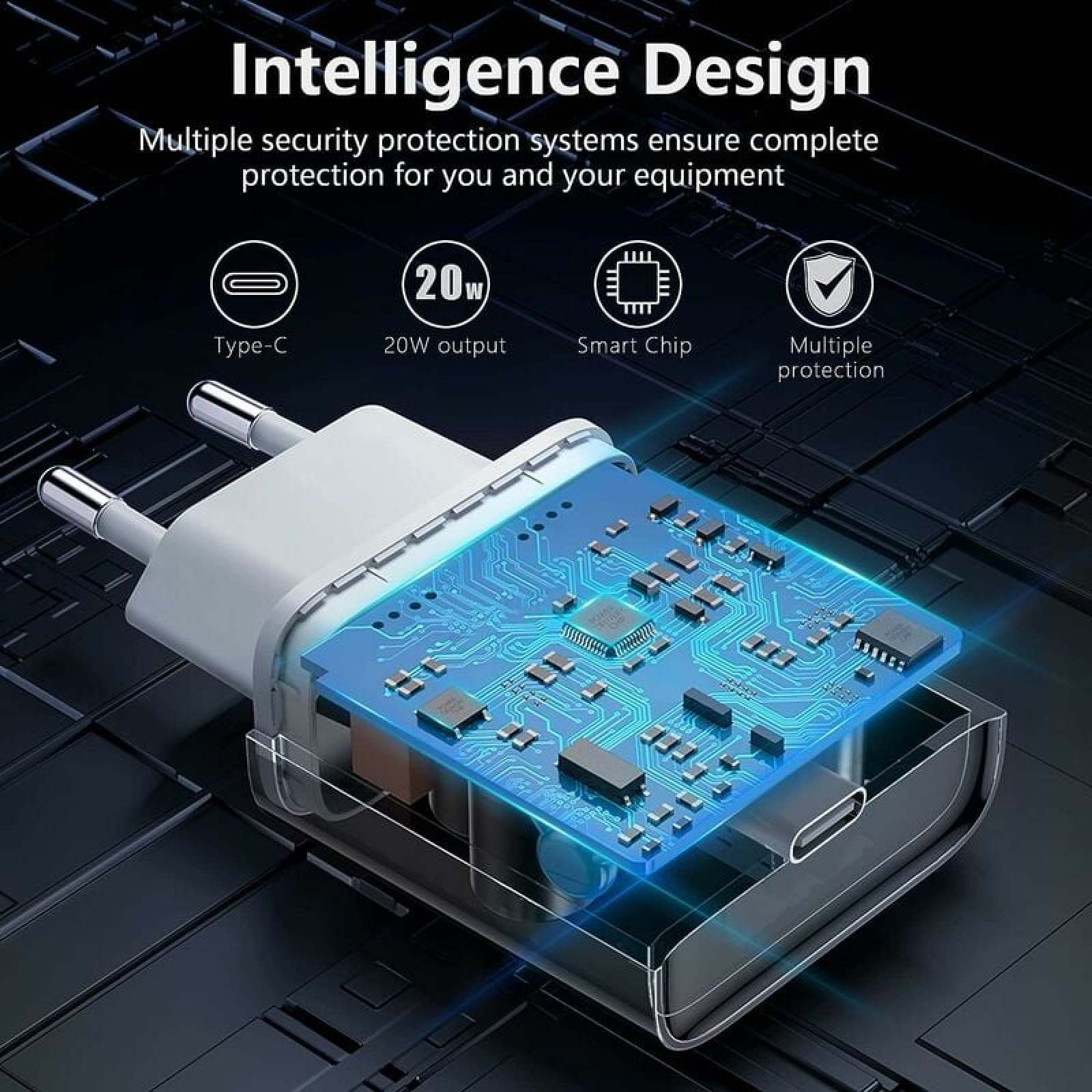 Ein transparentes Ladegerät zeigt die blaue Platine, den Smart-Chip und Sicherheitsfunktionen.