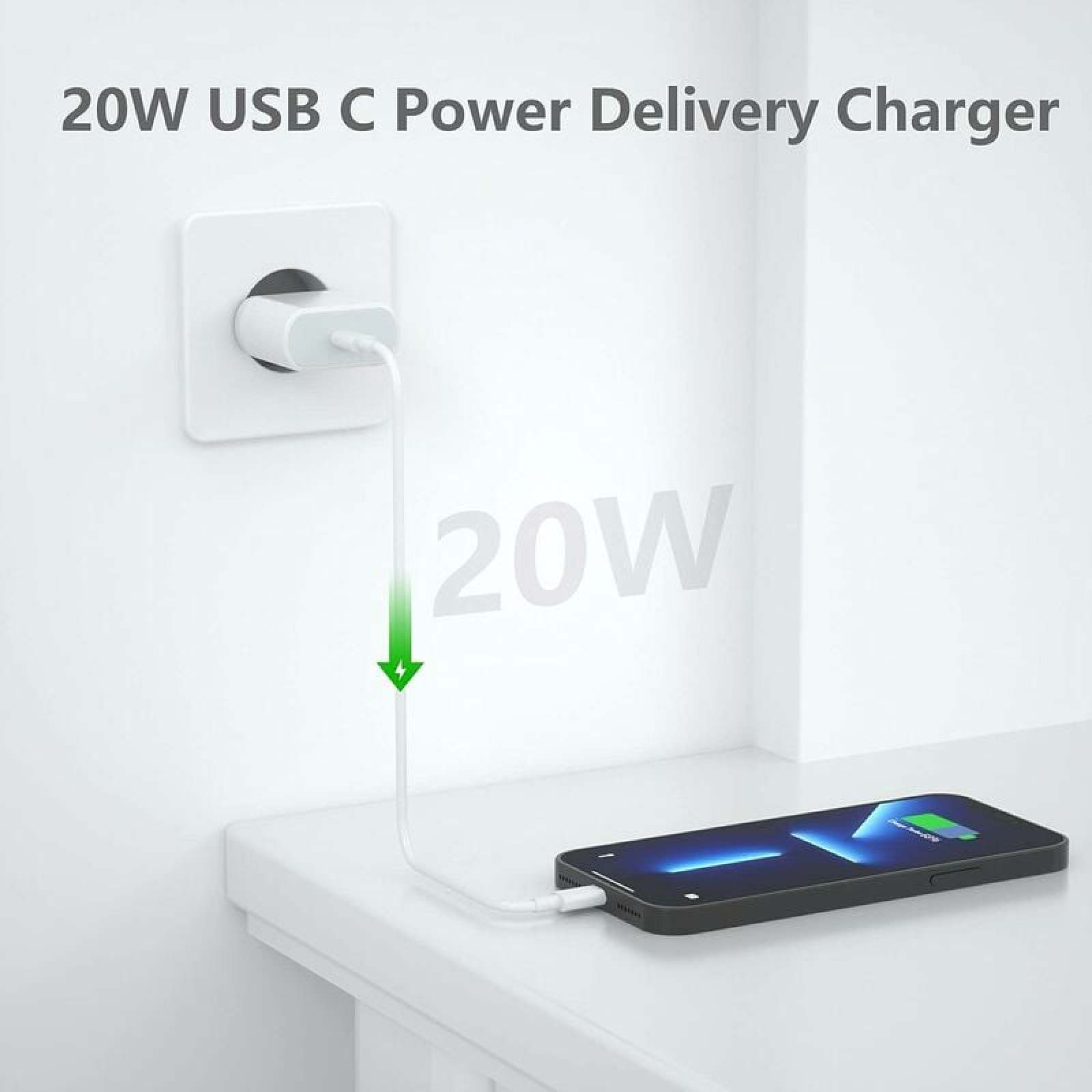 Ein weißes 20W USB-C-Ladegerät ist in einer Wandsteckdose eingesteckt und lädt ein schwarzes Smartphone auf einer weißen Ablage.