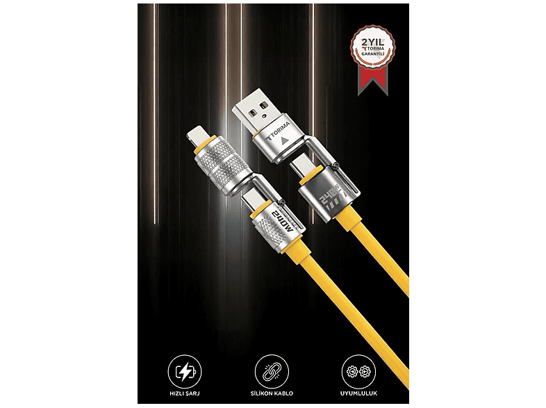 TORIMA U23 4'ü 1 Arada Silikon 240W USB-A/Type-C Giriş,Type-C/Lightning Çıkış Hızlı Şarj ve Data Kablosu Sarı