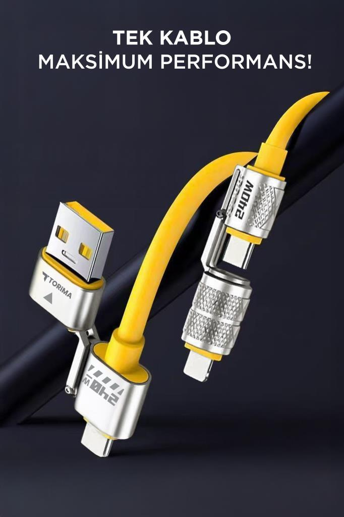 Koyu mavi arka planda metal konnektörlü ve değiştirilebilir başlıklı sarı USB kablosu.